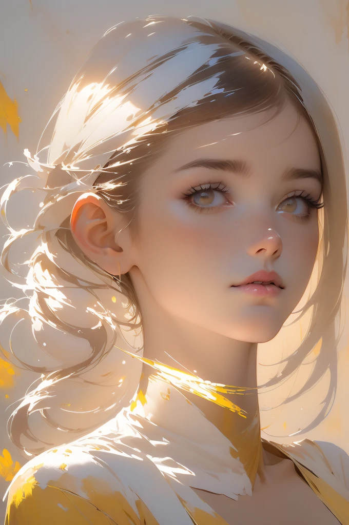 (8k, Mejor calidad, obra maestra:1.2),(Mejor calidad:1.0), (ultra high resolution:1.0), acuarela, una mujer hermosa, hombro, cintas para el cabello, Por Agnes Cecile, retrato de medio cuerpo, extremely luminous bright design, colores pasteles, (tinta:1.3), Autumn lights,