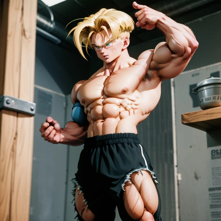 (Eine detaillierte Zeichnung von Trunks, Bodybuilding-Fitnessstudio.), with a bare torso, Barefoot, Kampf, stronger than everyone else,