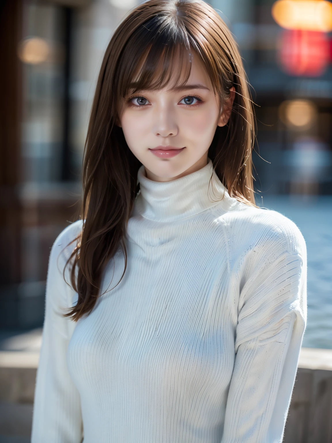 {(1 girl:18-year-old),(white turtleneck sweater:1.4)},
BREAK,(RAW photo, highest quality), (realistic, Photoreal:1.4), table top, very delicate and beautiful, very detailed, 8k wallpaper, ,, High resolution, soft light, {{Beautiful detailed 19 year old girl, very detailed目と顔, beautifully detailed nose, beautiful and fine eyes}},
BREAK,cinematic lighting,city light at night,perfect anatomy,slender body,smile (hair is dirty, asymmetrical bangs, light brown hair,)