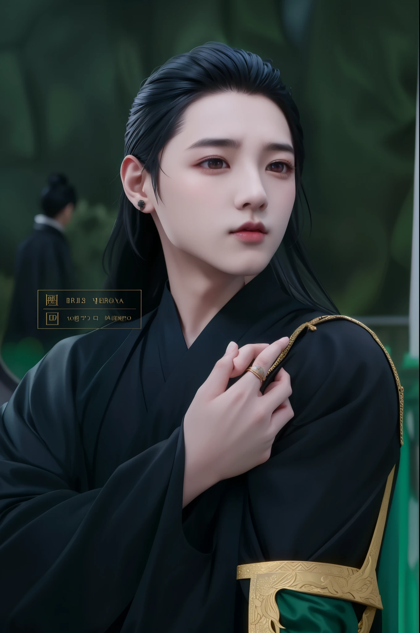 Arafed Asian man in black robe holding an objectl, beautiful androgynous prince, handsome japanese demon boy, con su largo cabello negro, delicate androgynous prince, Jeon Jungkook in black robe, hombre surcoreano, in dark robes with gold accents, inspirado por Zhang Han, Suguru Getl inspiration, cai xukun, Jungkook BTS, tumblr, wearing dark robe, Jeon Jungkook, BTS