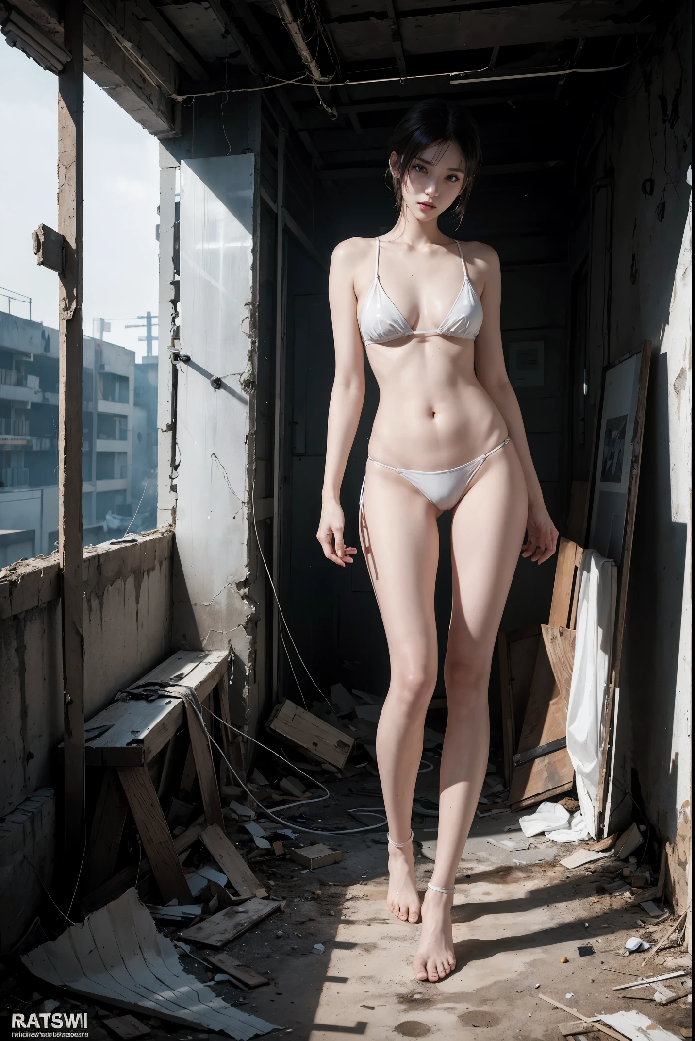 masterpiece，Photorealistic，resident Evil，On an abandoned construction site，Dirty 6:1，Very beautiful 25 year old tall slim Korean girl，White sexy bikini ripped and exposed ，White transparent thong goes all the way to the crotch，Very nice thin legs，barefoot，Random whole body exposure，extreme exhibitionist，(((Random exposure of whole body)))