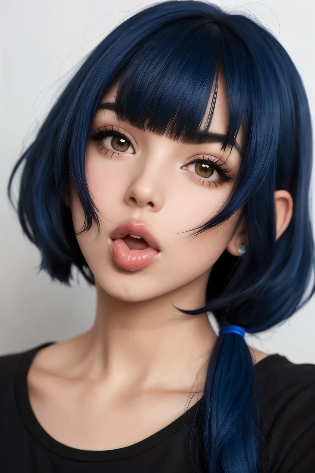 chica anime con cabello azul muy largo mirando a la camara y sacando la lengua tirando baba de su boca