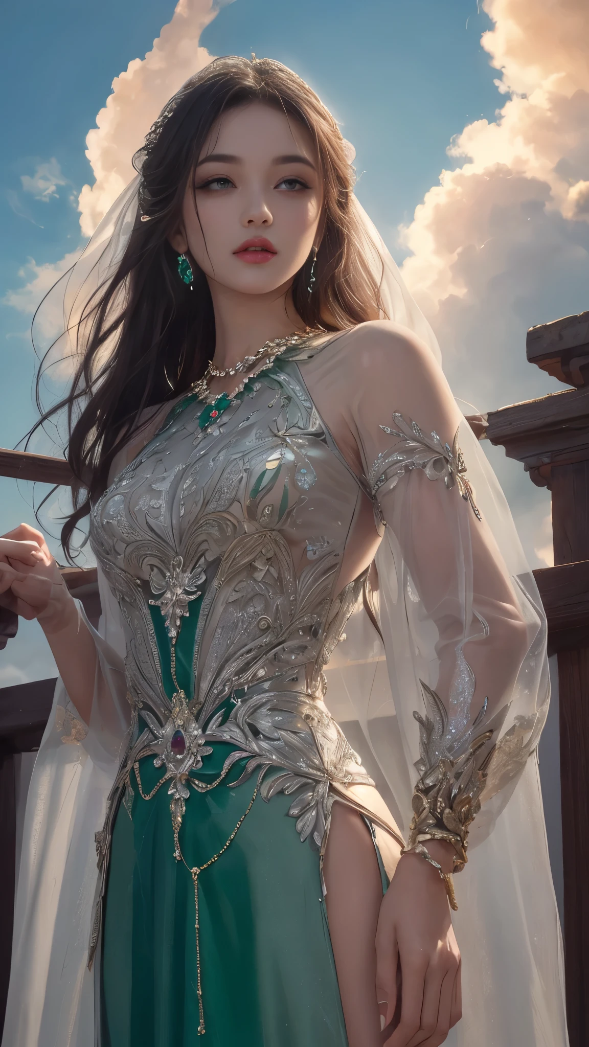 8K, Ultra HD, HD Color, masterpiece, 1 girl, Luminous Eyes, detailed lips, ultra long hair, (rob emerald dress:1.5), (jewellery:1.5), Super artistic cloudy sky background, sun Shining,