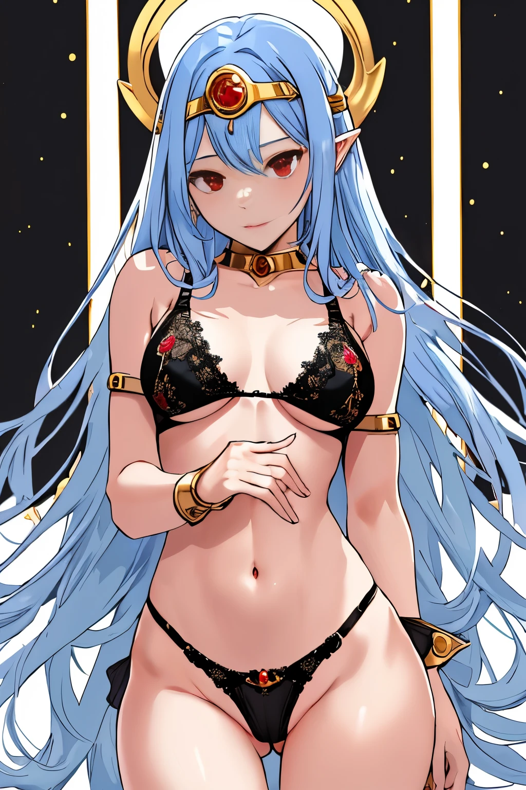 muste piece、High resolution、1 girl、standing with legs spread、gold circlet、((sage \(dq3\)、blue hair、circlet、light blue hair、red eyes))、detailed depiction of the face、、low length、slender、muscular、thin thighs、(((tits、black bra with detailed decoration、sexual panties with detailed decorations)))、sacred tower、Unleash the magic of light、Holding a wand