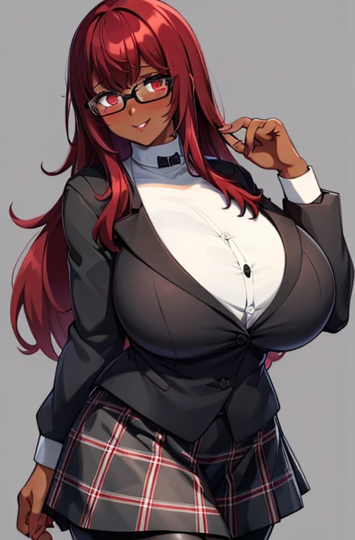 1girl, solo, long hair, glasses, red hair, large breasts, (thighs: 1.2), heavy blush, (thick thighs: 1.3), heavy blush, wide hips, choker, heavy blush, (happy: 1.3), simple background, shiny skin, wet skin, inside, facing the viewer, (cleavage), ((lewd)), best quality, smiling, shuujin academy school uniform, black jacket, plaid skirt, black pantyhose, white shirt front,Yoshizawa Sumire, long hair, dark skin, erect nipples, areola 