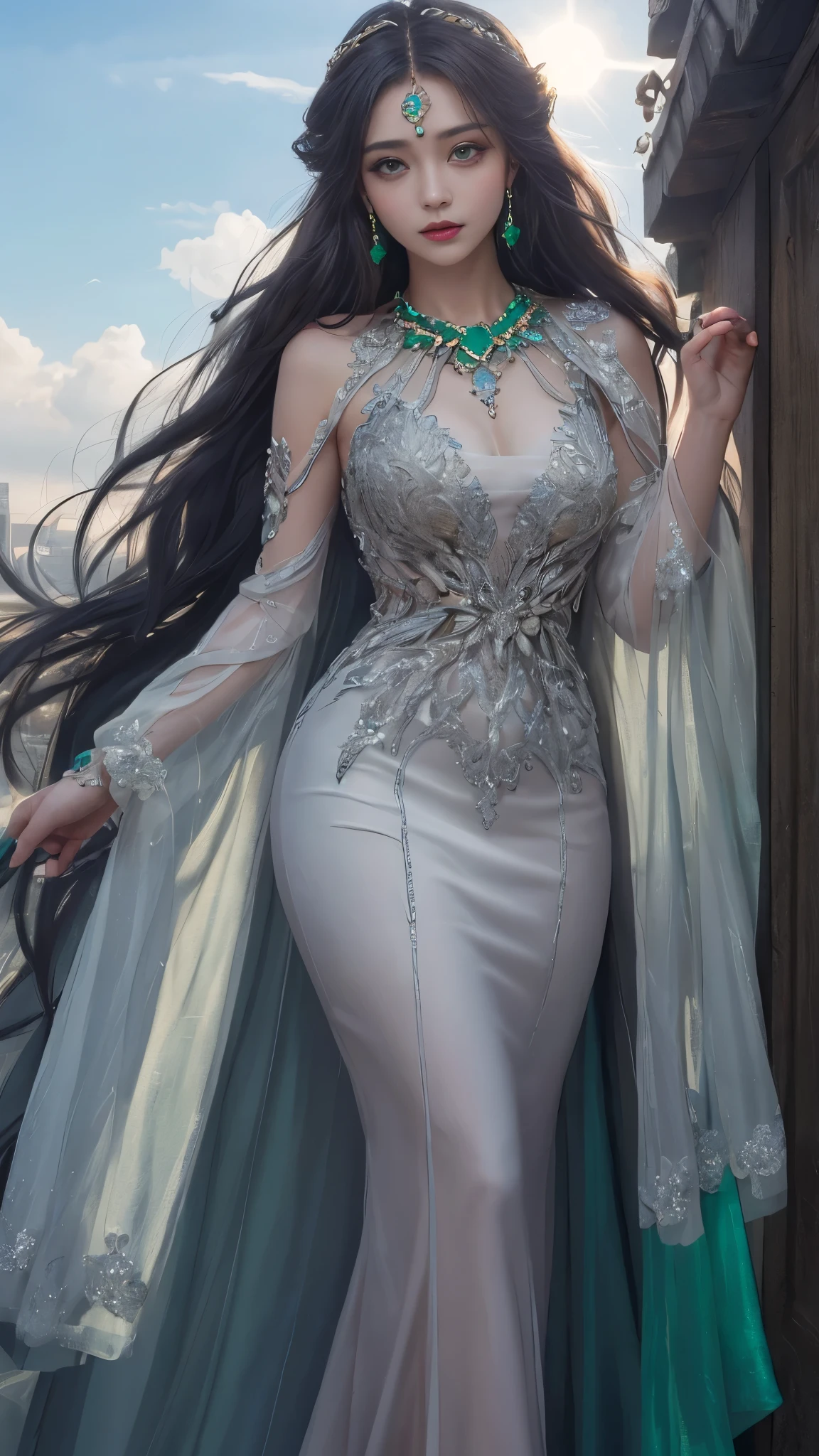 8K, Ultra HD, HD Color, masterpiece, 1 girl, Luminous Eyes, detailed lips, ultra long hair, (rob emerald dress:1.5), (jewellery:1.5), Super artistic cloudy sky background, sun Shining,