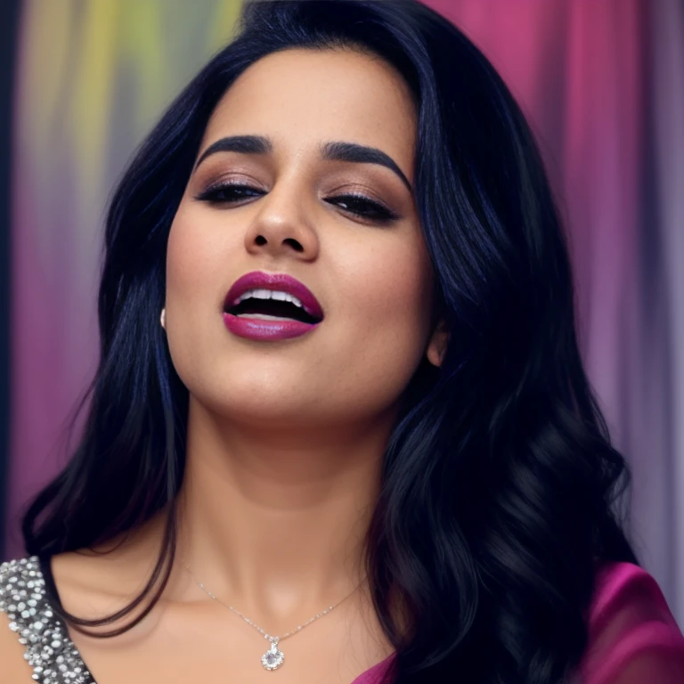 RAW photo, face portrait photo of beautiful 26 y.o woman, cute face, wearing black white sari, happy face, hard shadows, cinematic shot, dramatic lightin, big boobs, long hair, dramatic background, dark pink lips, sexy figure , multi color background, tajmahal background