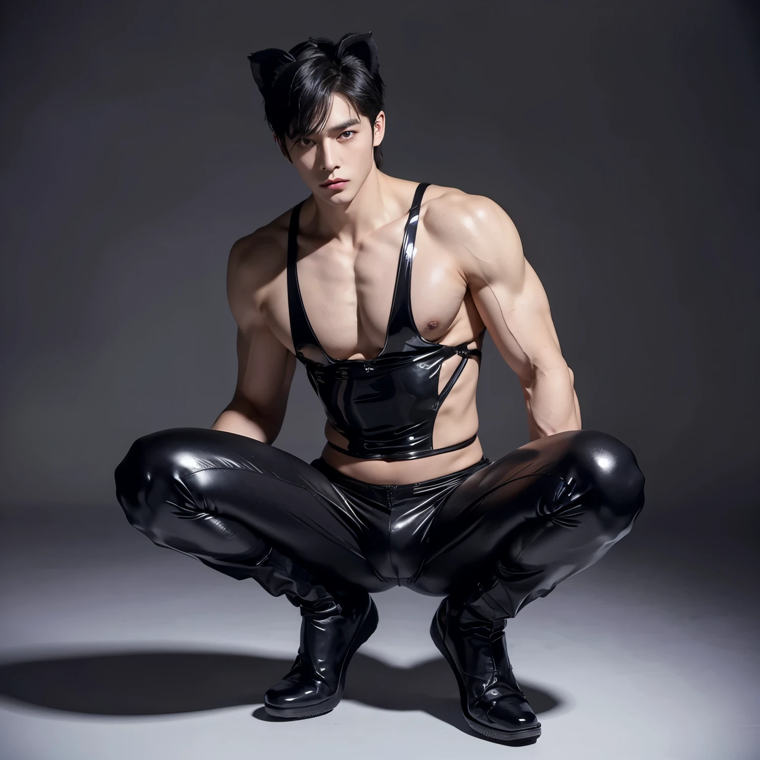 thin waist, wide shoulders，Slender legs，short hair，Song Weilong wears a black latex suit and latex gloves，abdominal muscles，Full body appearance，chest muscles，sports student，no beard，Squats，no body hair，Black leather boots，no chest hair，No beard，Abdomen thrust forward，The whole body is facing the camera，pain，Protruding crotch，Show your crotch，Cocked buttocks，obscene chest strap，neck strap，Wearing black cat ears，male，white hair，purple eyes