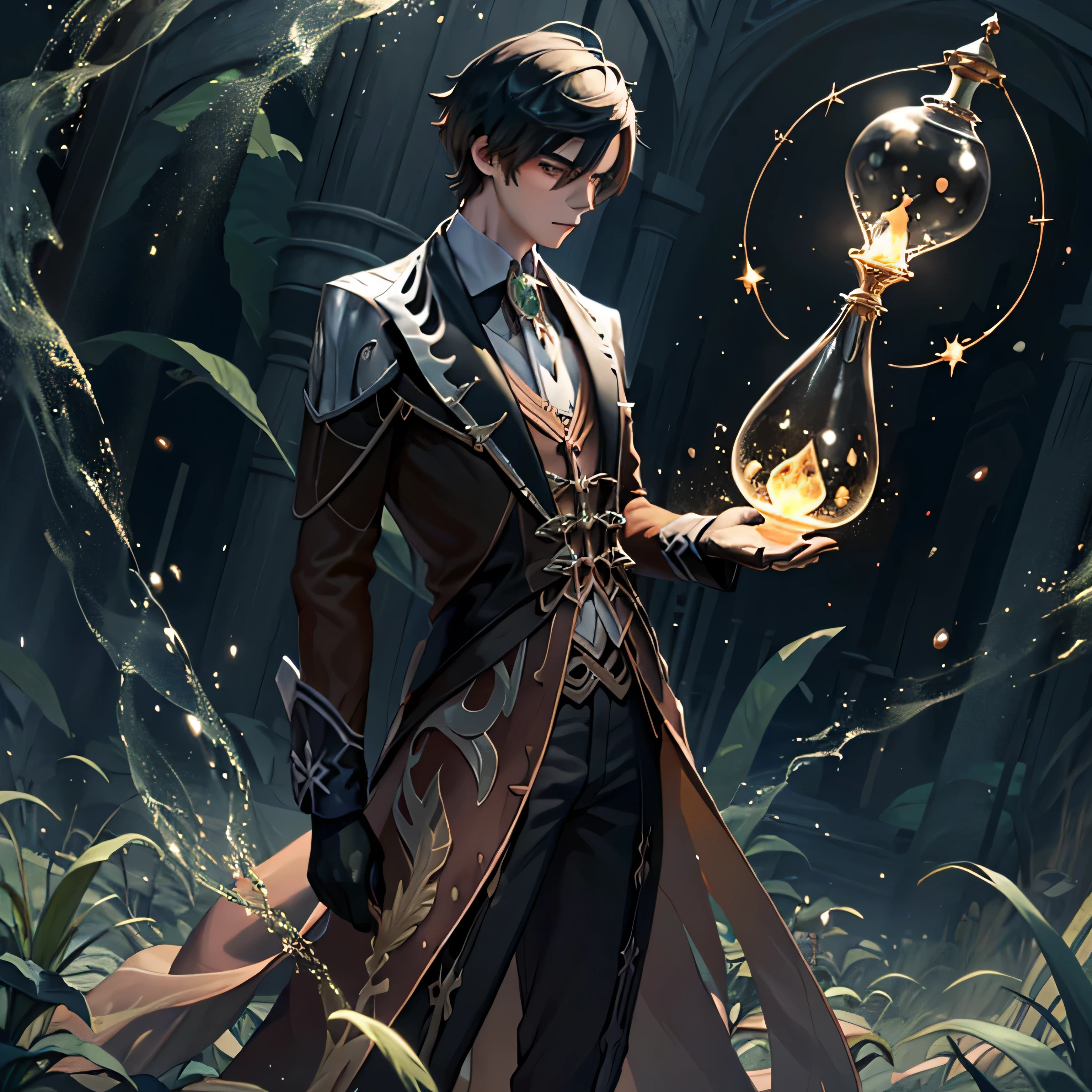 Um de costas , and a magic hourglass in front of him shining, and great, sombrio