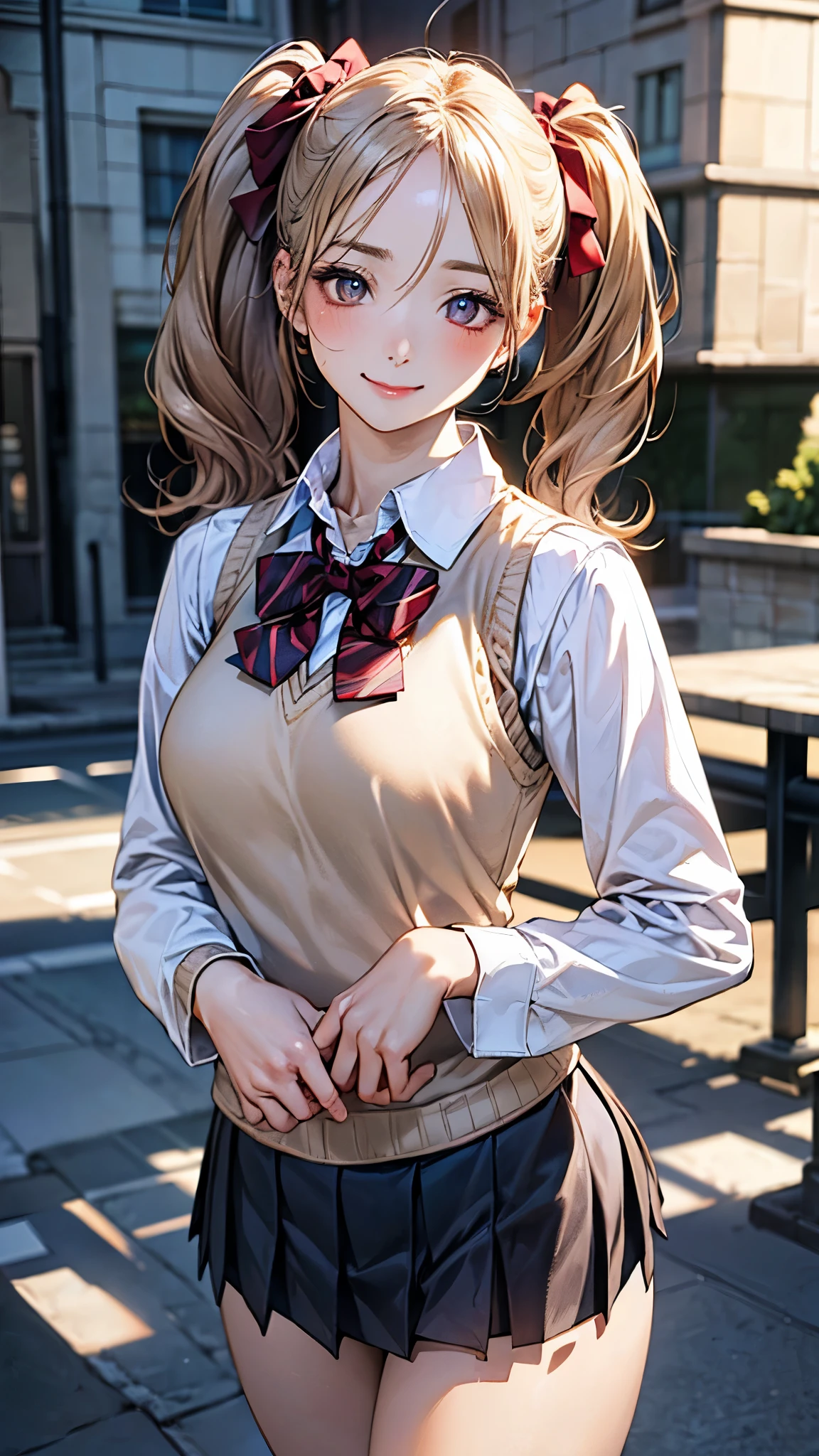(masterpiece:1.2, top-quality), (realistic, photorealistic:1.4), beautiful illustration, (natural side lighting, movie lighting), nsfw,
looking at viewer, cowboy shot, front view:0.6, 1 girl, japanese, high school girl, perfect face, cute and symmetrical face, shiny skin,
(long hair:1.8, twintails:1.7, blond hair), parted bangs, gold eyes, long eye lasher, (large breasts:0.8, thick thighs),
beautiful hair, beautiful face, beautiful detailed eyes, beautiful clavicle, beautiful body, beautiful chest, beautiful thigh, beautiful legs, beautiful fingers,
((((long sleeve)), roll up sleeves, white collared shirts, navy pleated mini skirt, black socks, brown loafers, red bow tie, beige sleeveless knitted vest)), pink panties,
(beautiful scenery), evening, riverside, standing, (lovely smile, upper eyes),