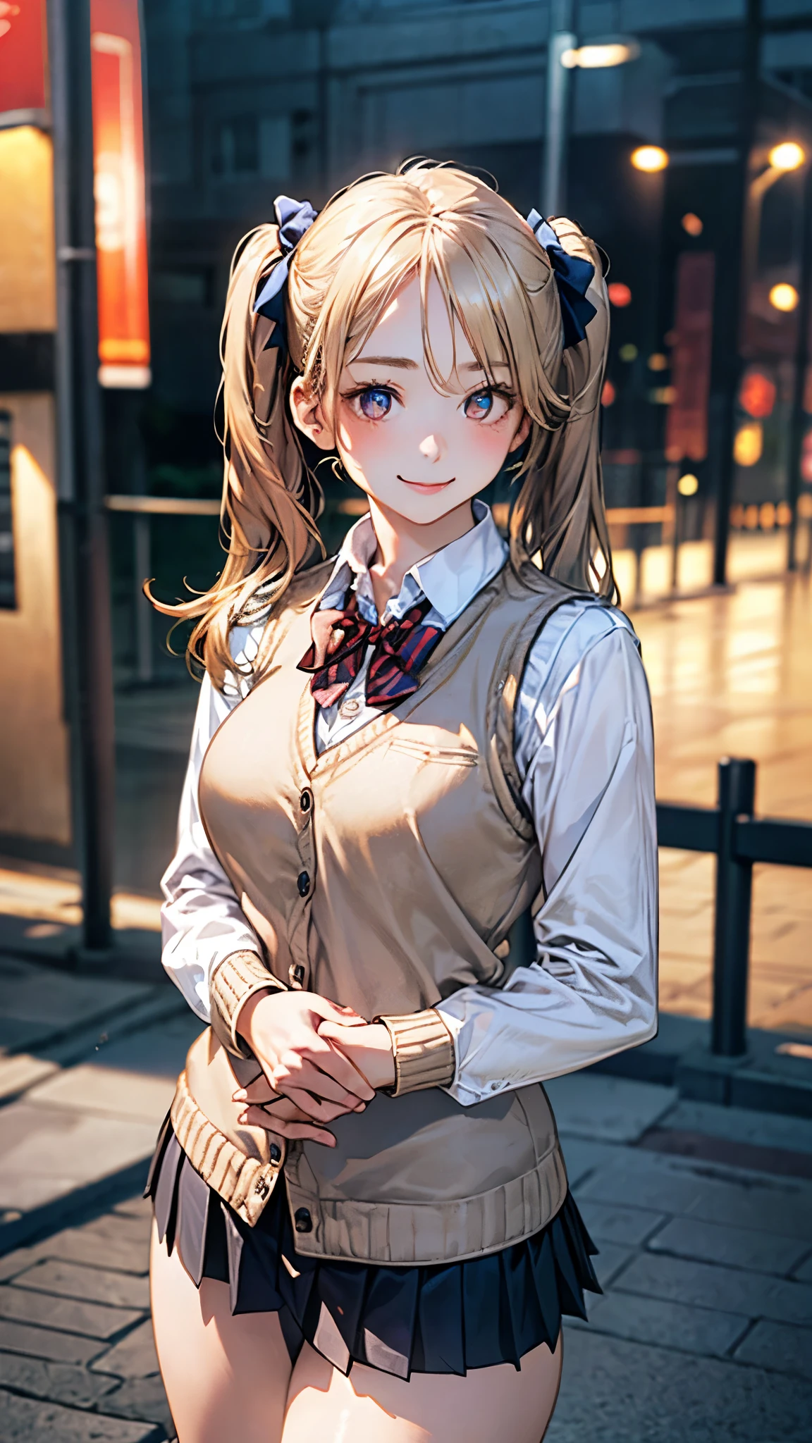 (masterpiece:1.2, top-quality), (realistic, photorealistic:1.4), beautiful illustration, (natural side lighting, movie lighting), nsfw, 
looking at viewer, cowboy shot, front view:0.6, 1 girl, japanese, high school girl, perfect face, cute and symmetrical face, shiny skin, 
(long hair:1.8, twintails:1.7, blond hair), parted bangs, gold eyes, long eye lasher, (large breasts:0.8, thick thighs), 
beautiful hair, beautiful face, beautiful detailed eyes, beautiful clavicle, beautiful body, beautiful chest, beautiful thigh, beautiful legs, beautiful fingers, 
((((long sleeve)), roll up sleeves, white collared shirts, navy pleated mini skirt, black socks, brown loafers, red bow tie, beige sleeveless knitted vest)), pink panties, 
(beautiful scenery), evening, riverside, standing, (lovely smile, upper eyes), 