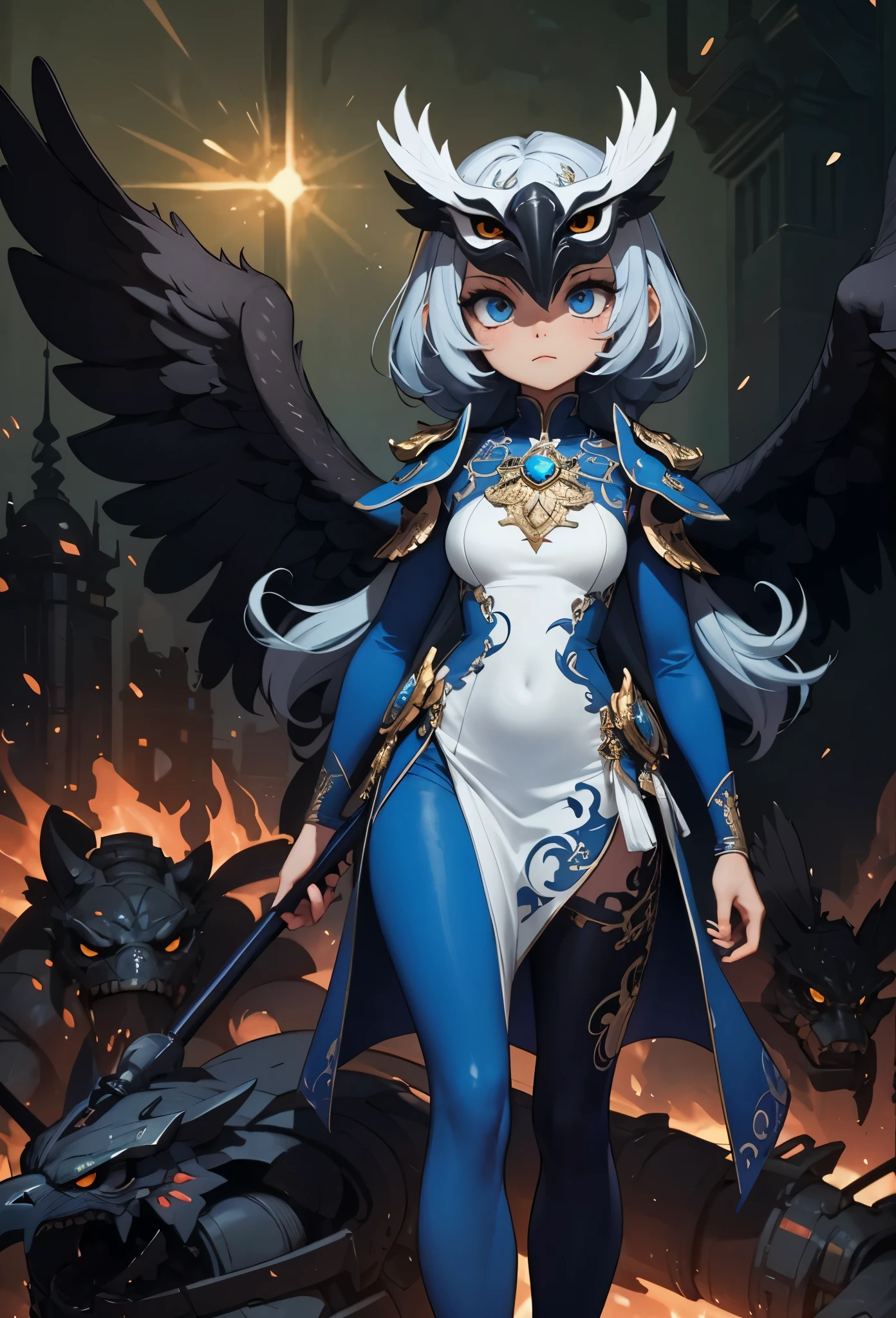 ((Highly accurate drawing in every detail)Extremely precise depiction)[High resolution],(detailed illustrations,Very detailed and precise drawing,Delicate drawn lines with tempo,Realistic texture expression),[color traced main line],(Fantasy World Battlefield Background [burning castle]),(GIRL ROBOT (blue wild eagle [(Mask of God) [[METALFACE[clear lenticular iris]]]]) (SKINNY)) [WEAPON MACHINE [battle shaman]],[Beautifully decorated arms and legs [(Graceful figure)feather dress]],eagle pattern,[use a spear as a weapon],[[Mobile Weapon Gigant Size][science fiction mechanical]],(intricate and beautiful decoration [Dense detail]),[transparency],(Precisely drawn face)[完璧な目のdetailed(Beautifully detailed iris)(Eyes like deep jewels)],(eyes light[Pinpoint lighting for the eyes]),[long and beautiful eyelashes],[precisely drawn hair [美しく艷やかな髪のdetailed]],(完璧な手のdetailed [Beautiful fingers with no damage [beautiful nails]]),(perfect anatomy(perfectly balanced proportions))[[full body portrait]],[ideal color coordination(Accurate simulation of light and material interactions)],([Precision Detail](detailed,High definition)),[Visual art that tells a story].