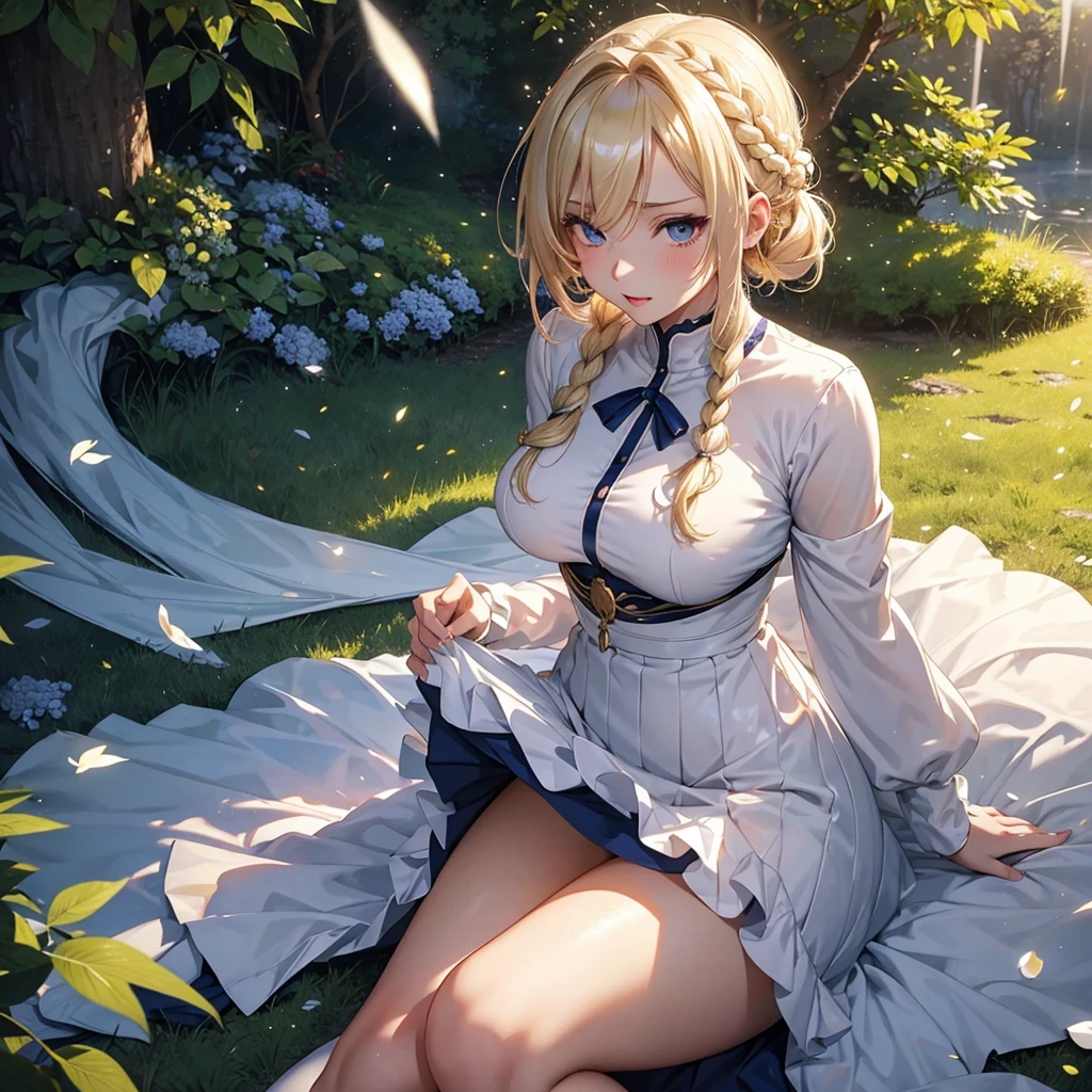 Tsunade Senju, portrait, beautiful cute woman, amorous expression, lewd expression, ecstasy, orgasm, blonde braided bangs iridescent short hair, gold sparkling big eyes, red alluring moist big thick lips, medium breasts, slender, perfect proportion, long thin legs, navy blue and white girly ruffle dress, skirt lift, white panty, white knee high socks, thighs, background fantasy, a hill with a large tree full of fresh greenery, that emits fantastic light, light particles, light sparkles, petals, scatter gold and silver glitter and confetti, iridescent light particles, detailed and delicate depiction, professional lighting