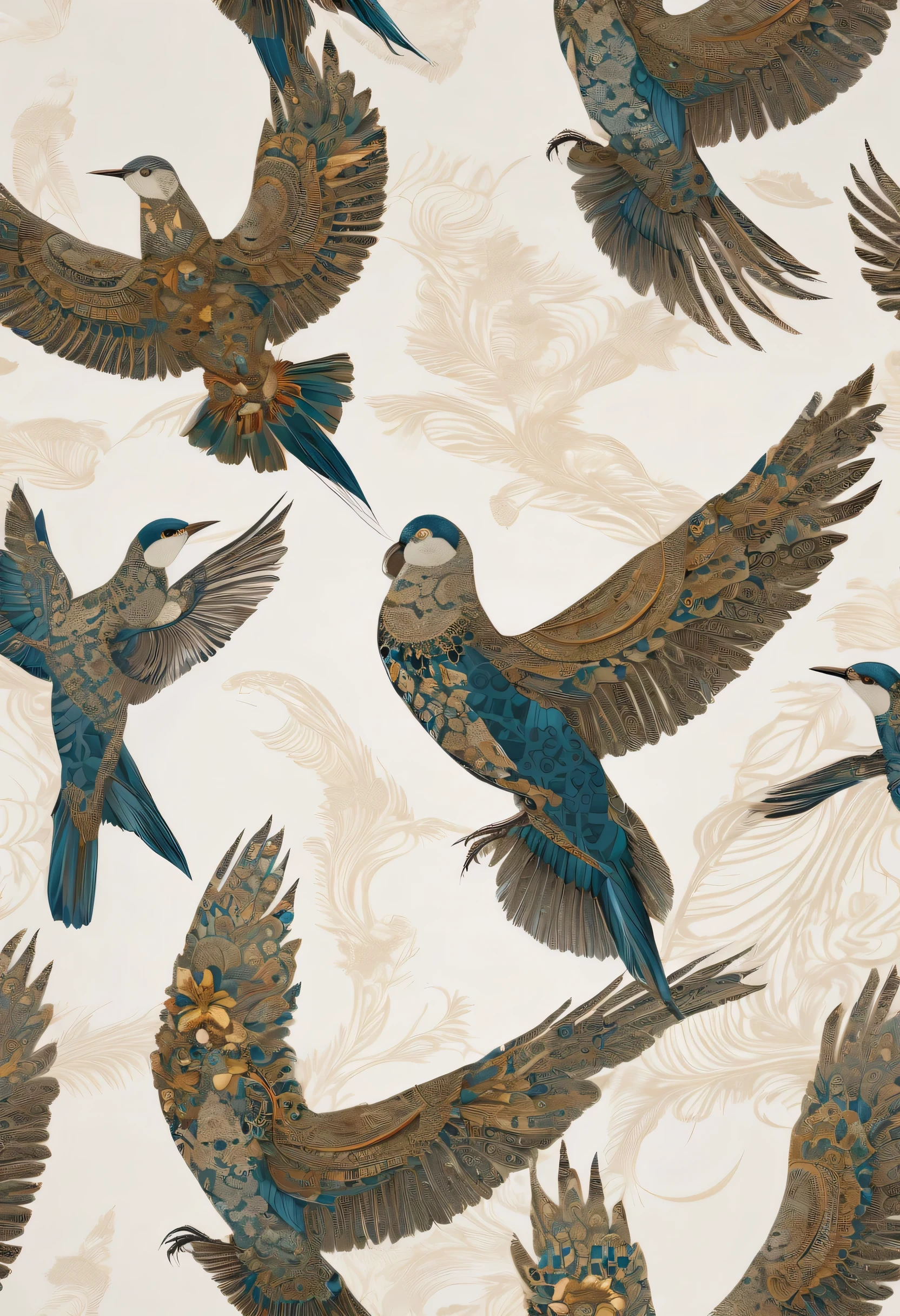 The birds are depicted in elegant, Poses majestosas, capturing the grace and freedom they symbolize. The print is a harmonious fusion of intricate patterns that reflect the diversity of wild birds. As curvas suaves das asas, the delicate lines of the feathers and the smallest details create a visually striking composition.