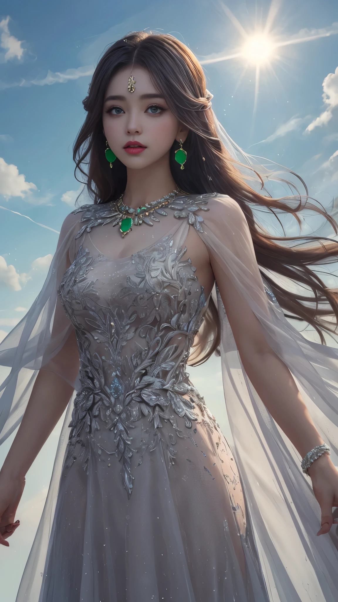 8K, Ultra HD, HD Color, ​masterpiece, 1 girl, Luminous Eyes, detailed lips, ultra long hair, (rob emerald dress:1.5), (jewellery:1.5), Super artistic cloudy sky background, sun Shining,