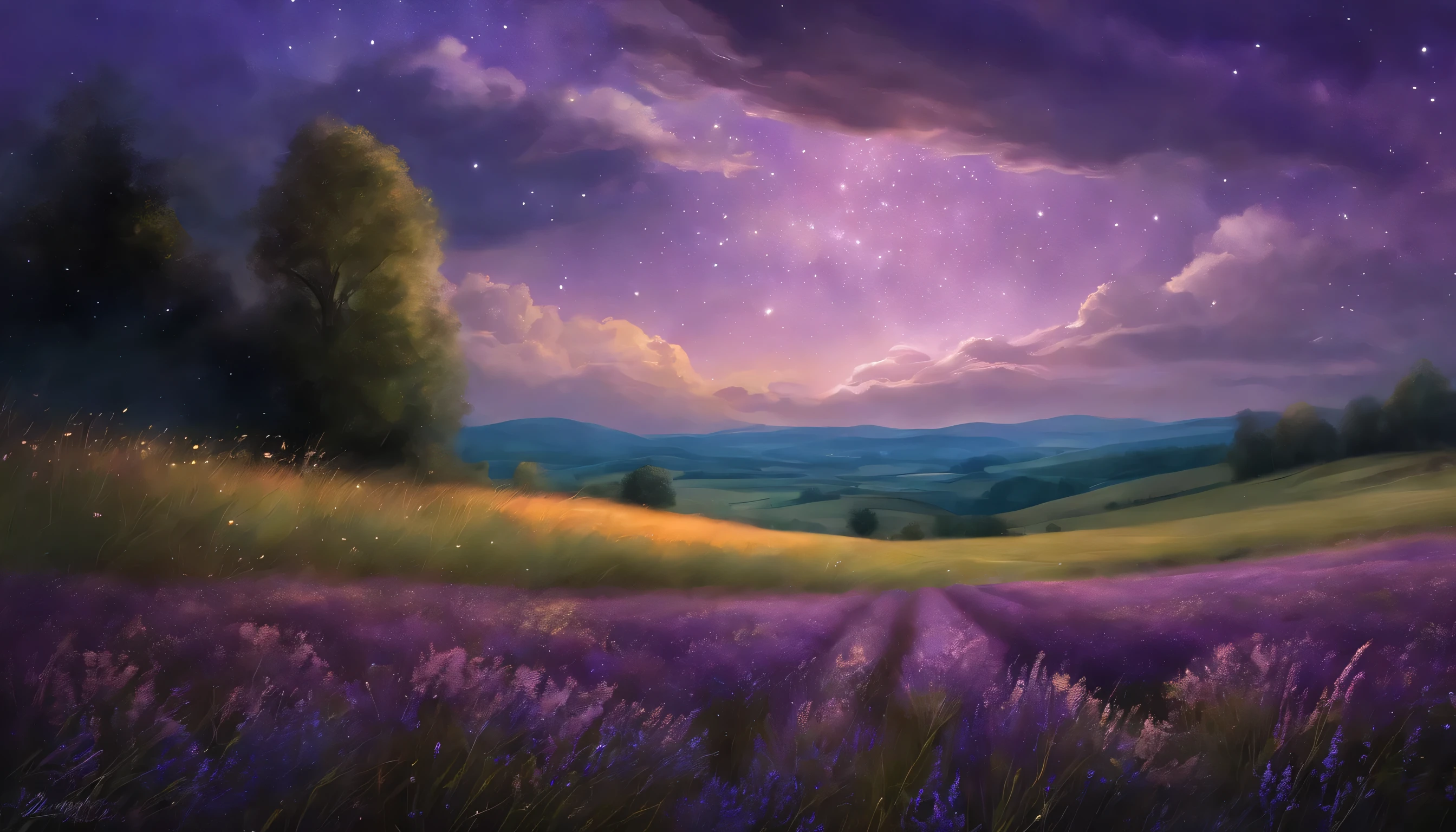 (from below, the sky above, open fields below), purple sky, clouds, stars, lavender meadows, flowers, wind, (dynamic composition: 1.4), rich detail, rich in color, (luminous, atmospheric lighting), dreamy, magical, watercolor