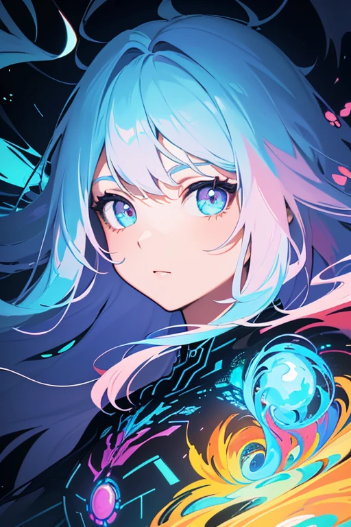 (masterpiece, best quality:1.2),(concept art、fractal art:1.5) ,(flat color:1.2),(2D:1.3),(fluorescence colour:1.5,colorful:1.2),fluorescence multicolored hair、looking at viewer,1girl,beautiful face,Gentle face,solo,upper body,floating colorful fluorescent lines,vivid color、fractal art、Symmetrical、
Mysterious atmosphere
