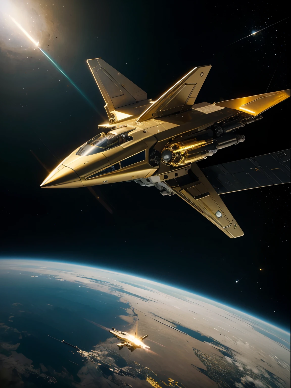 futuristic spaceship, gold spacecraft flying in space, detail engine, cyborg japanese