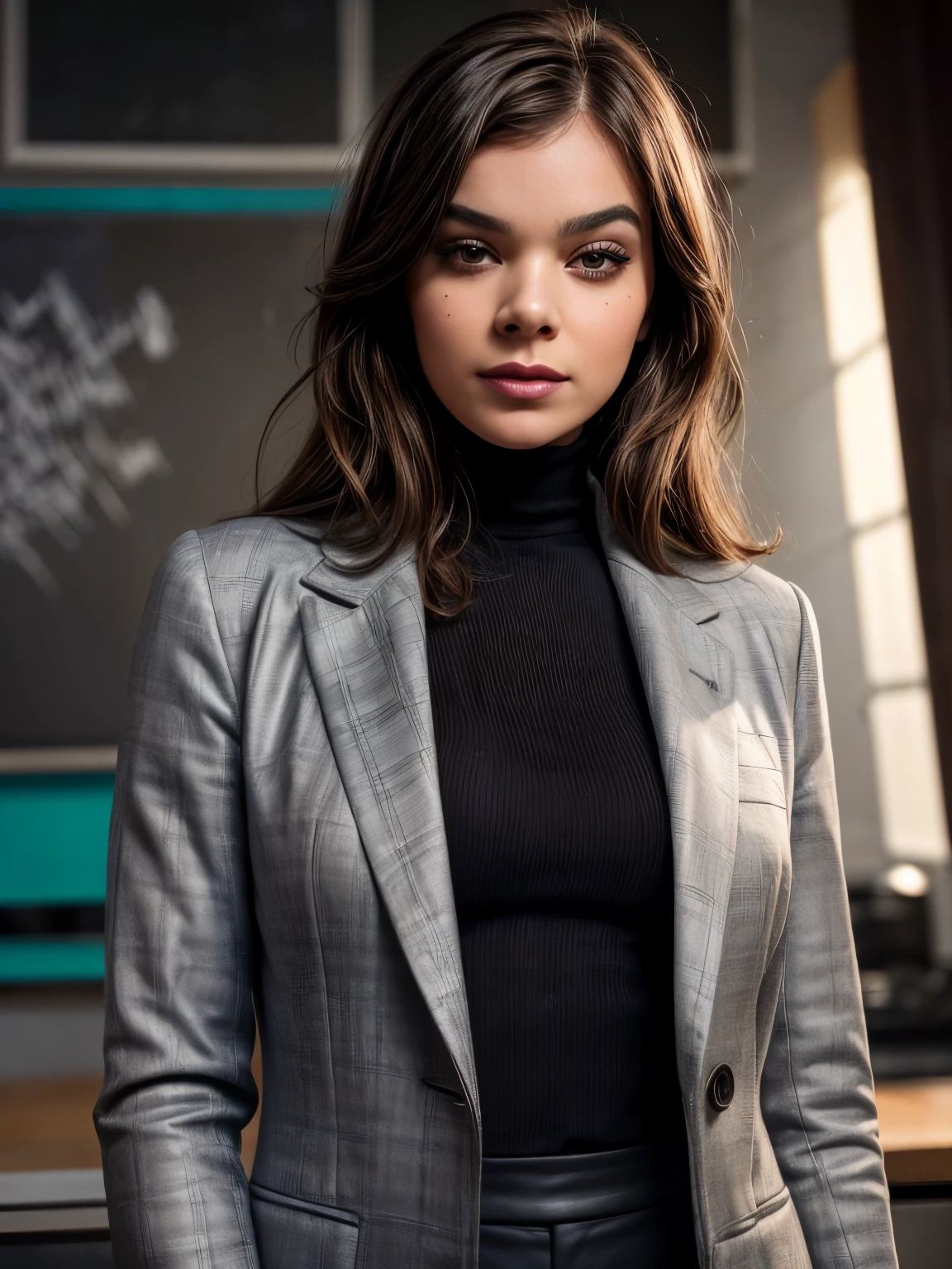 Close-up photo of a brunette businesswoman, (Realistic dark brown hair straight and with light waves) , maquillaje, labios rojos, brown eyes, (Dress with black Chanel tailoring blazer, Black silk blouse and black straight tailoring trousers), Brainstorm with sticky notes and background graphics, La mejor calidad, obra maestra, realista, foto realista, movie photo, ultra realista, 1 persona, detallado, Perfect lighting, DSRL, Foto profesional, 4k ,blue lighting ,happy expression, medio cuerpo