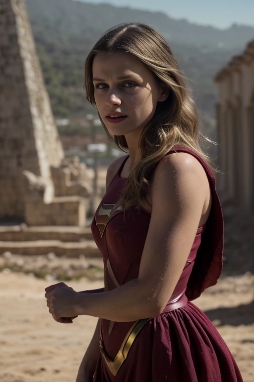 MELISSA BENOIST, 8k, A melhor qualidade, Imagem real, detalhes intrincados, Ultra-detalhe, ultra-high resolution, Campo de profundidade, (realista, realista: 1.2), Obra-prima, foto 1chica, Superchica, ferido, Super heroi, realista, roupas rasgadas, Terno vermelho, (sujo, machucado, sangue: 1.3), olhos azuis, rubio, cabelo comprido, serious, nervoso, apenas, (roupas rasgadas expuesta, roupas rasgadas: 1.3), Ruined city background, A melhor qualidade, realista, realismo, (detalhes complexos: 1.2), (Detalhes finos), (luz de filme), Linhas claras, sharp focus, rosto realista, Detalhe bonito rosto