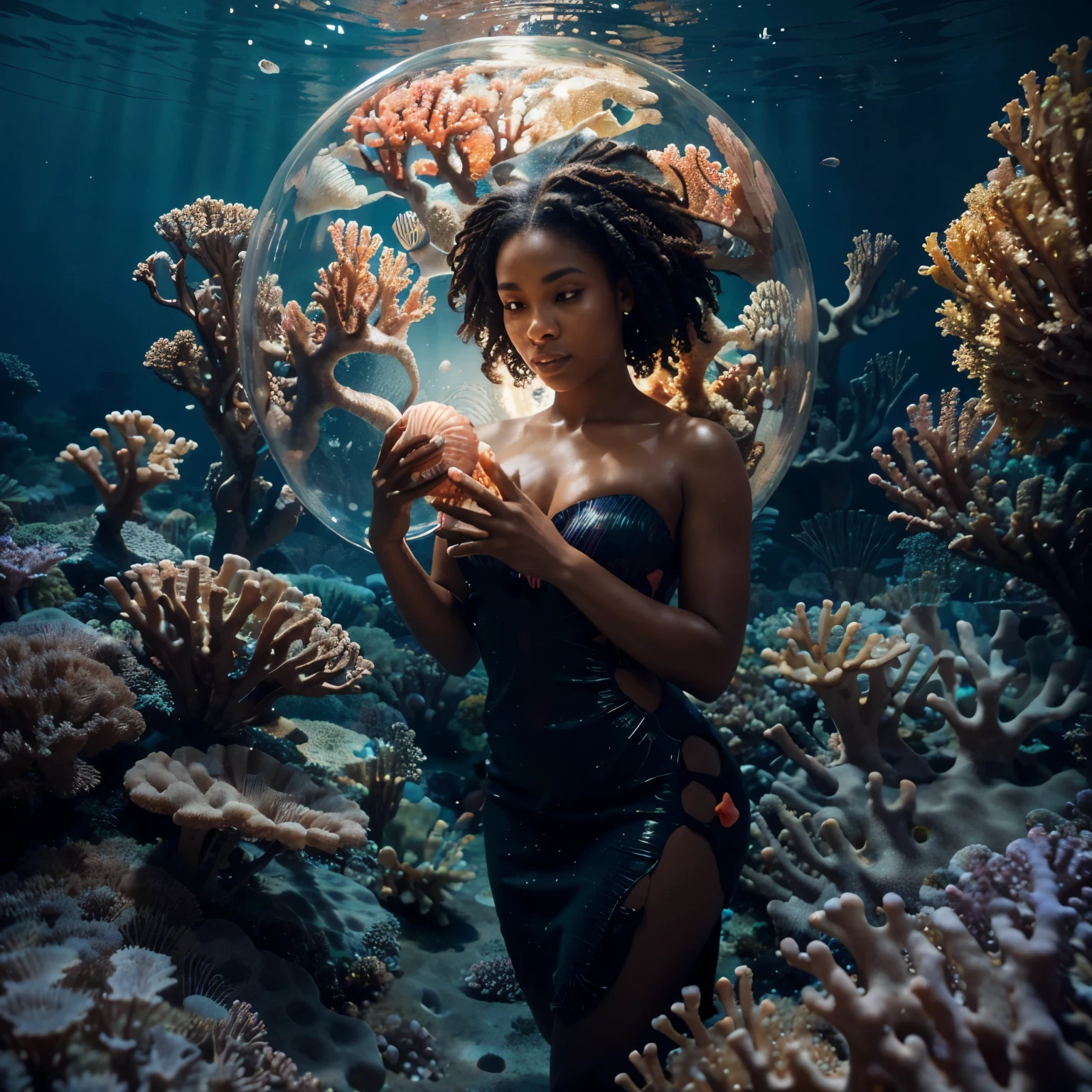 Wide angle shot of black woman wearing a coral reef designed dress underwater, holding a glowing seashell, surrounded by bubbles with seahorse inside the bubbles, night time with the neon coral reefs lighting the scene, artgerm style, 32k, ultra HD, unreal engine rendered, hyper-realistic image 