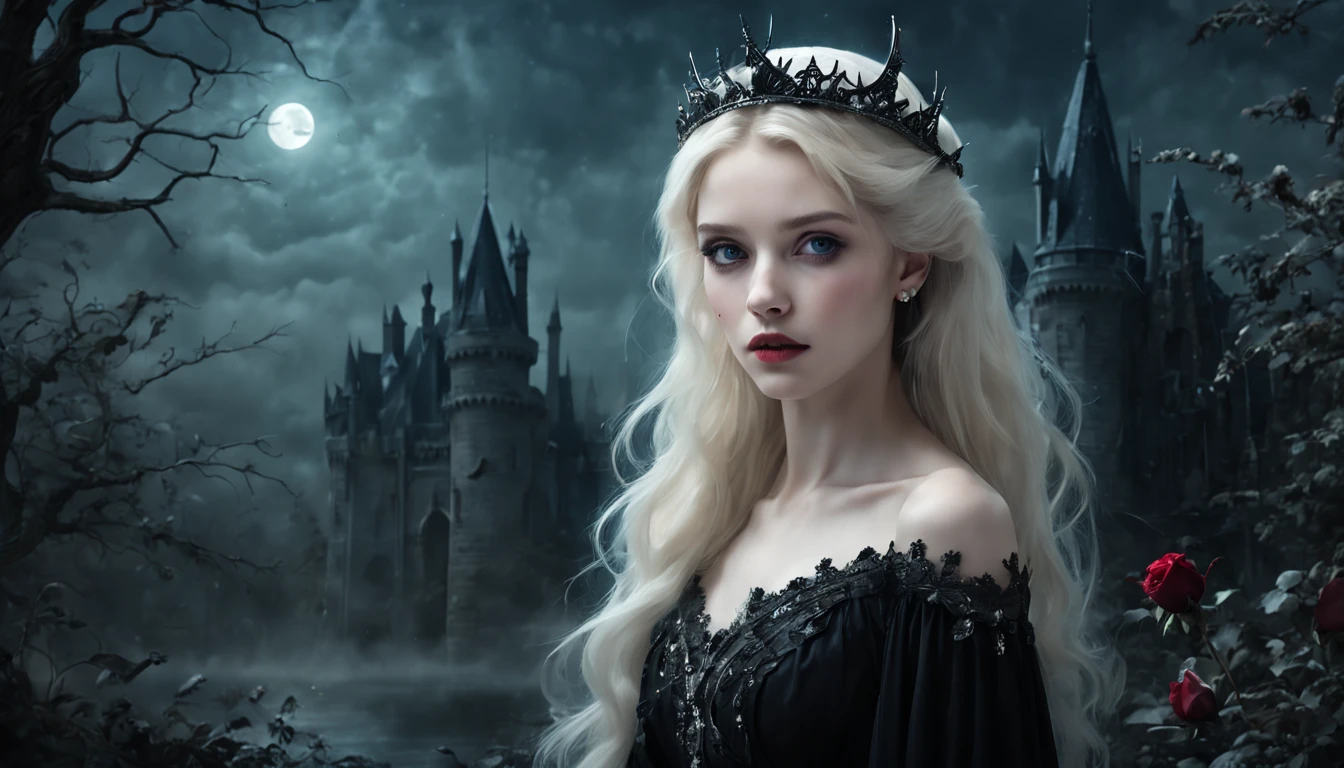 Vampire Princess,16 years old,breathtakingly beautiful,blue eyes,whitish blonde hair,(best quality,4k,8k,highres,masterpiece:1.2),ultra-detailed,(realistic,photorealistic,photo-realistic:1.37),softly glowing pale skin,pure blooded,porcelain-like complexion,elegant and refined features,graceful posture,dark and mysterious atmosphere,gothic fashion,flowing black lace dress,touch of red in her clothes,dainty silver jewelry with ruby accents,subtle yet captivating smile,slightly pointed canines,translucent wings resembling bat wings,subtle shimmering effect on her wings,gardens filled with blooming blood roses,vivid red petals contrasted with the darkness,enchanting moonlit night,dark and hauntingly beautiful castle in the background,splashes of moonlight illuminating her ethereal beauty,dark shadows and dramatic lighting,icy stare that freezes the hearts of those who dare to meet her gaze,air of authority and power,symbol of both danger and allure,night sky filled with swirling mist and sparkling stars,subtle color palette with shades of deep blue,purple,and black,subdued lighting with soft moonlight casting an ethereal glow,vibrant yet elegant style,with a touch of darkness and mystery,portraits,fantasy,horror.