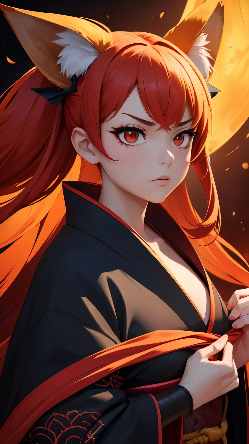 A girl with red eyes, expressing anger, stands before us in a dark situation. She is a foxy lady, wearing a beautiful kimono with intricate details. Her hair is smooth and falls gracefully around her face. The portrait is vibrant and filled with vivid colors, highlighting the intensity of her emotions. Her expressive face captivates us with its powerful expression. The focus is sharp, emphasizing every detail of her appearance. In her hands, we can see her claws, adding an element of danger to the scene. The overall color tone is dominated by shades of orange, creating a captivating atmosphere.