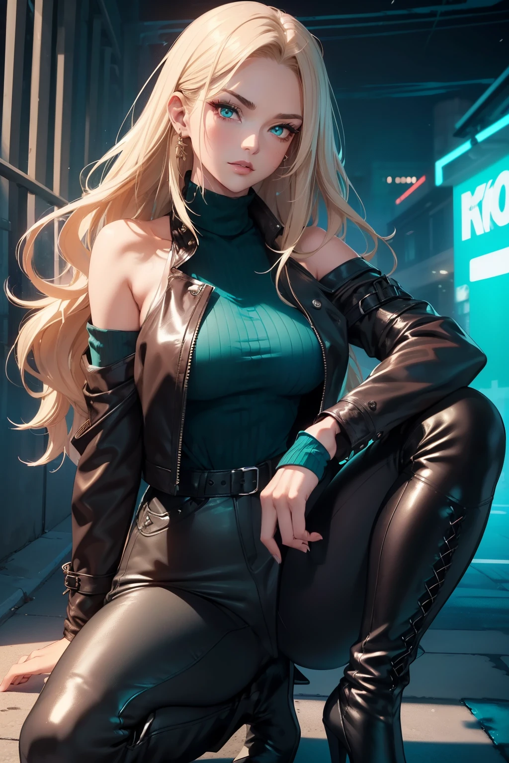 (best quality, 4k, 8k, highres, masterpiece:1.2), ultra-detailed, detailed face, detailed lips and eyes, attractive appearance, expressive face, realistic,
BREAK Valerie the Thief beautiful caucasian woman with messy wavy shoulder length blonde hair, 23 years old, ((big eyes)), ((brown eyes)), brown eyebrows, fair skin, lean and athletic,
BREAK detailed, perfect fingers, perfect hands, detailed perfect face, anime style, intense blushing, tall female, closed lips, smirk, beautiful detailed glowing deep crimson eyes, arrogant caring slightly shy and slutty expression, (solo:1.2), very long beautiful hair tied in one massive braided ponytail, (unbuttoned black leather jacket with glowing teal metallic emborided details:1.3), (beautiful deep teal knitted silk turtleneck:1.3), (black elegant slim-fit striped ripped distressed trousers or hotpants:1.2), (luxurious knee height black stiletto boots:1.3), smoky teal and red makeup, refined glowing lavander lipstick, standing in front of a concrete wall covered in urban graffiti in alluring diverse and dynamic poses, ass visible through thighs
