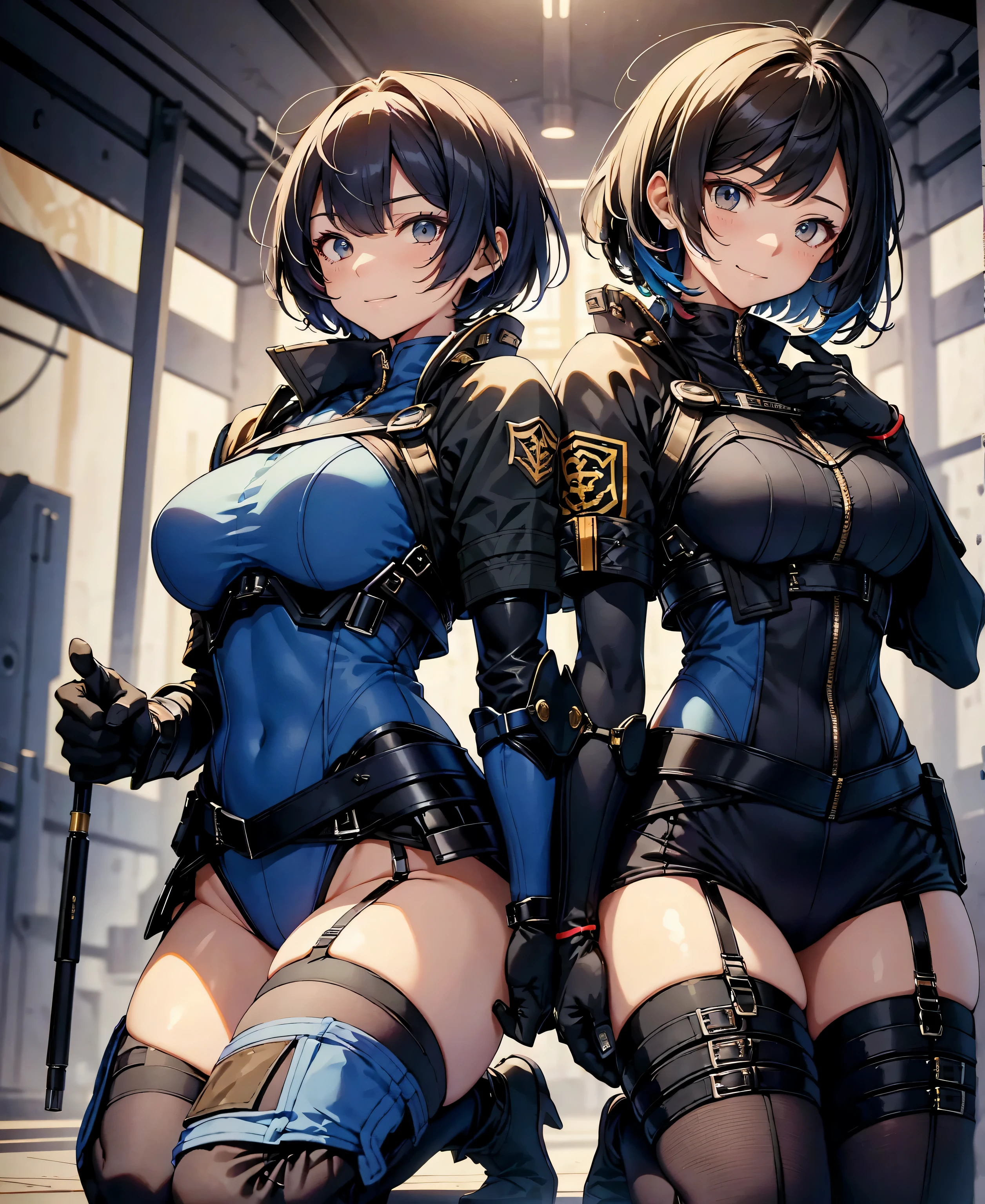 highest quality,T Masterpiece,final solution,Fluffy,非常にcolorful,colorful,female combatant,(kneeling pose)(pointing at your ass)mature woman,navy blue super short hair,Tight navy and black combat uniform,tight suit,steel city background,night,normal posture,normal posture、Gentle smile