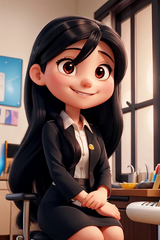 A woman with long black hair, small eyes, round face, sitting in a chair, smiling in a dentist uniform