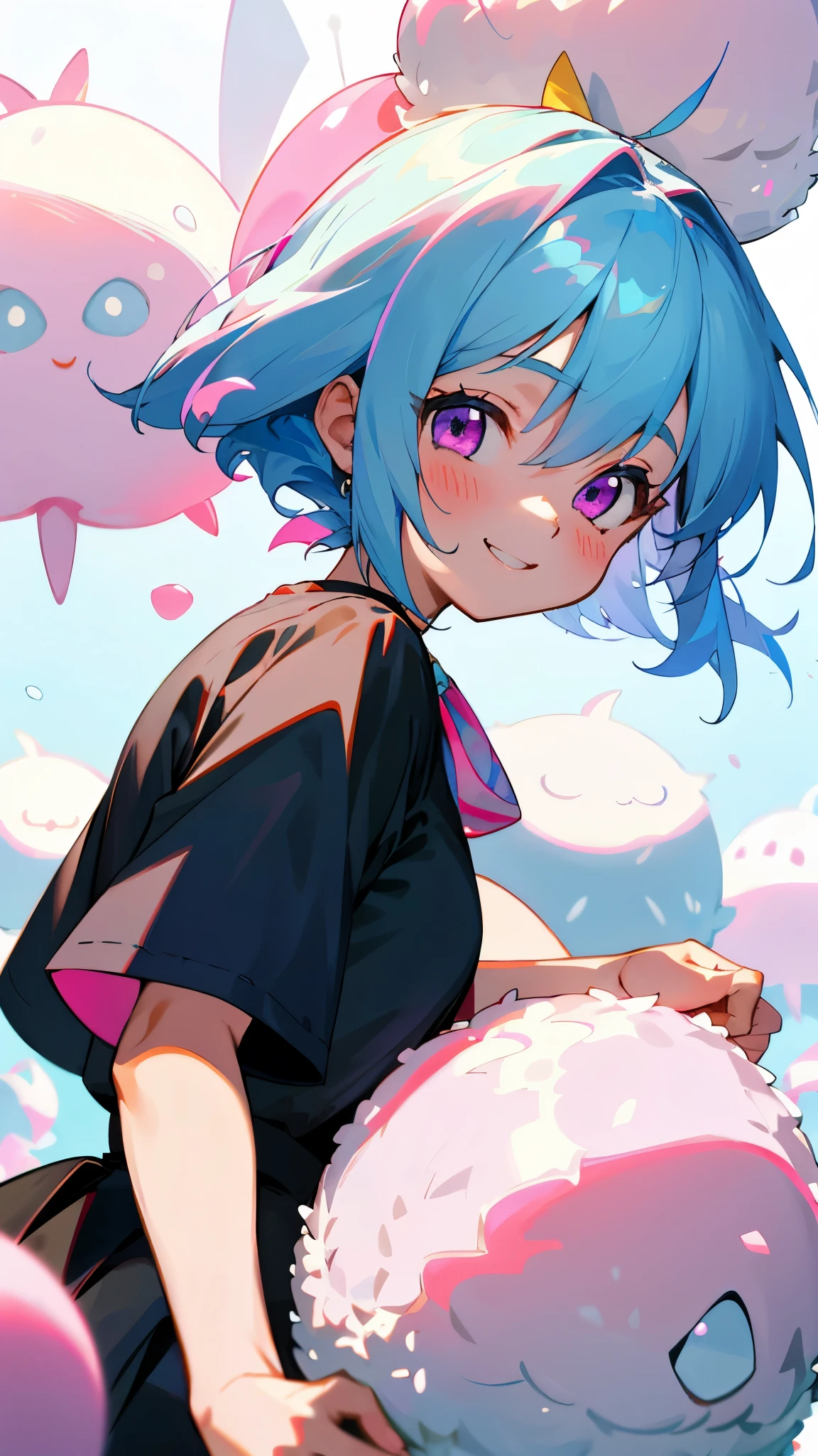 16 year old girl、light blue hair、pink eyes、smile、short sleeve shirt、black skirt、From the side、upper body close-up、lots of rice balls