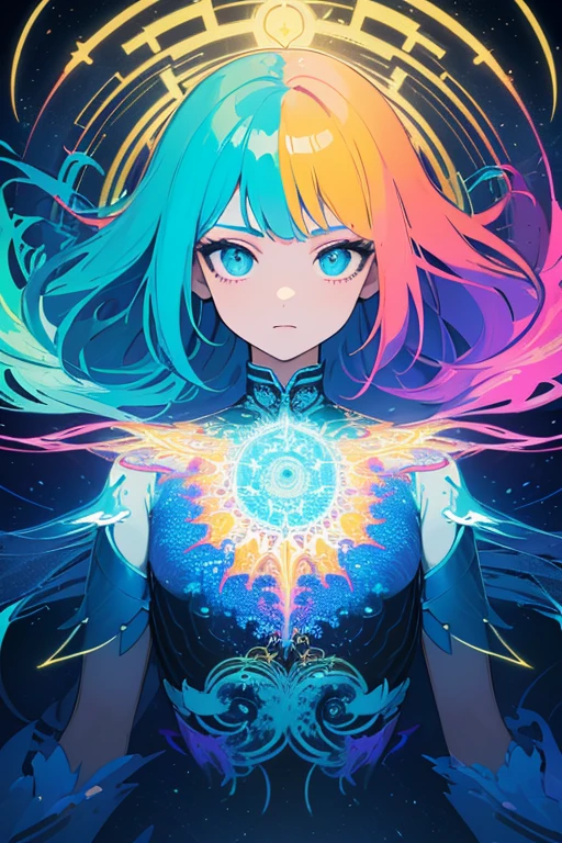 (masterpiece, best quality:1.2),(concept art、fractal art:1.5) ,(flat color:1.2),(2D:1.3),(fluorescence colour:1.5,colorful:1.2),fluorescence multicolored hair、looking at viewer,1Goddess,beautiful face,Gentle face,solo,upper body,floating colorful fluorescent lines,vivid color、fractal art、Symmetrical、
Mysterious atmosphere