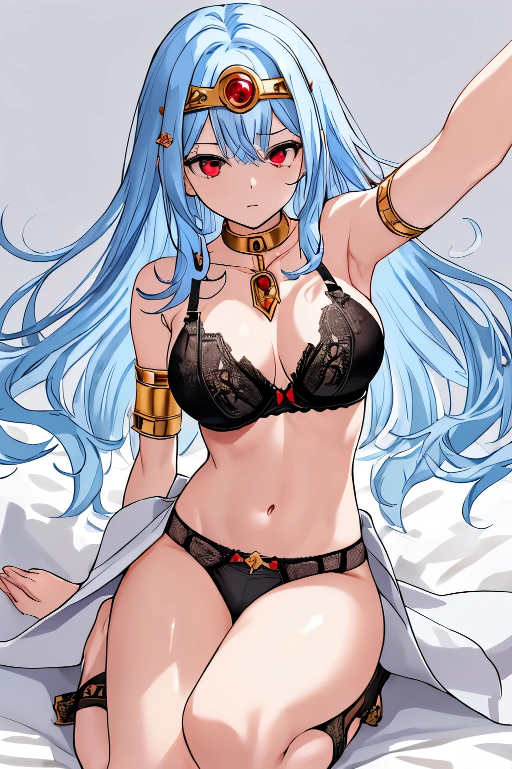 muste piece、High resolution、1 girl、standing with legs spread、gold circlet、((sage \(dq3\)、blue hair、circlet、light blue hair、red eyes))、detailed depiction of the face、、low length、slender、muscular、thin thighs、(((tits、black bra with detailed decoration、sexual panties with detailed decorations)))、sacred tower、Unleash the magic of light、god々I have a wand、Intense Action Pose、are flying、jumping、dancing、sit in the air