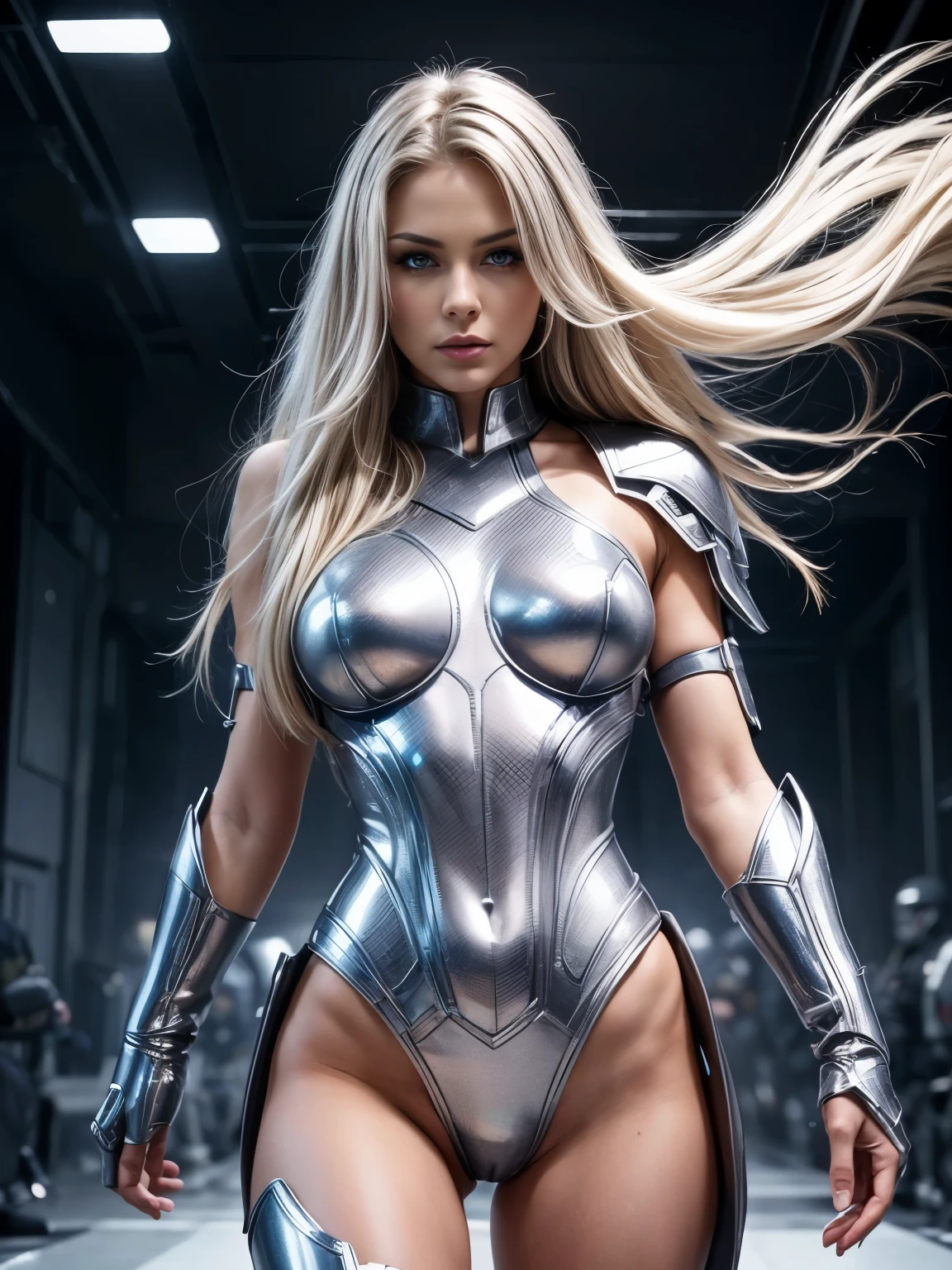 action dynamic full body shot of an ultra hot gorgeous woman, age 23, she’s a playmate, men magazine model, in futuristic armor adorned with shimmering silver nanowire droplets, beautiful blonde hair, grey eyes, fearsome gaze, amidst her army, bokeh