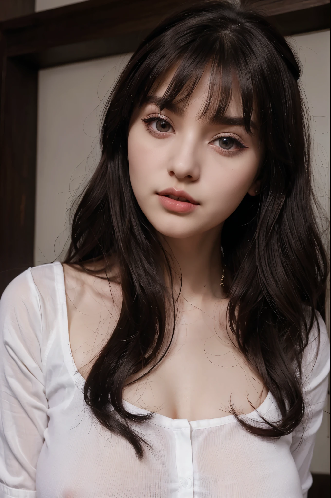 Light White assian russian girl Big doe eyes long wavy dark black hairs with bangs heart shape plum lips kpop idols visuals hourglass figure