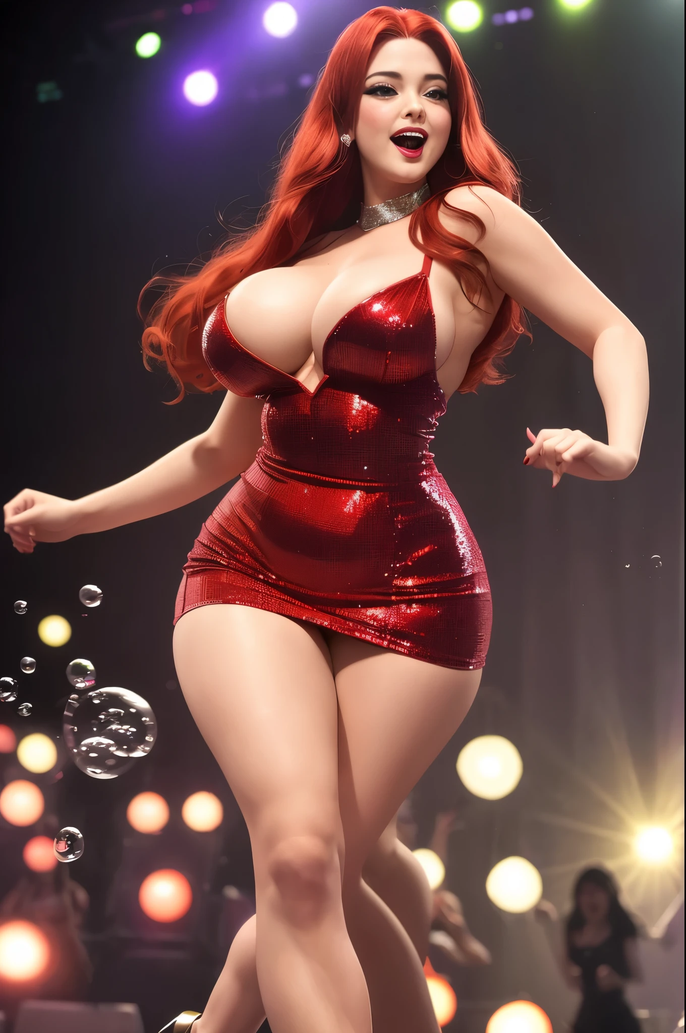 (best quality,masterpiece:1.2),ultra-detailed,realistic,cosplay,Jessica Rabbit (movie character),convention,awkward strip tease,big breasts,voluptuous curves,chubby thighs,costume details,vibrant colors,funny expressions,large stage,dazzling lights,amused crowd,cosplay enthusiasts,fandom excitement,entertaining performance,energetic dance moves,confident demeanor,drawn outlines,sexy red dress,long red hair,playful poses,seductive gaze,high heels,alluring charm,popping bubbles,sparkling sequins,loud music.