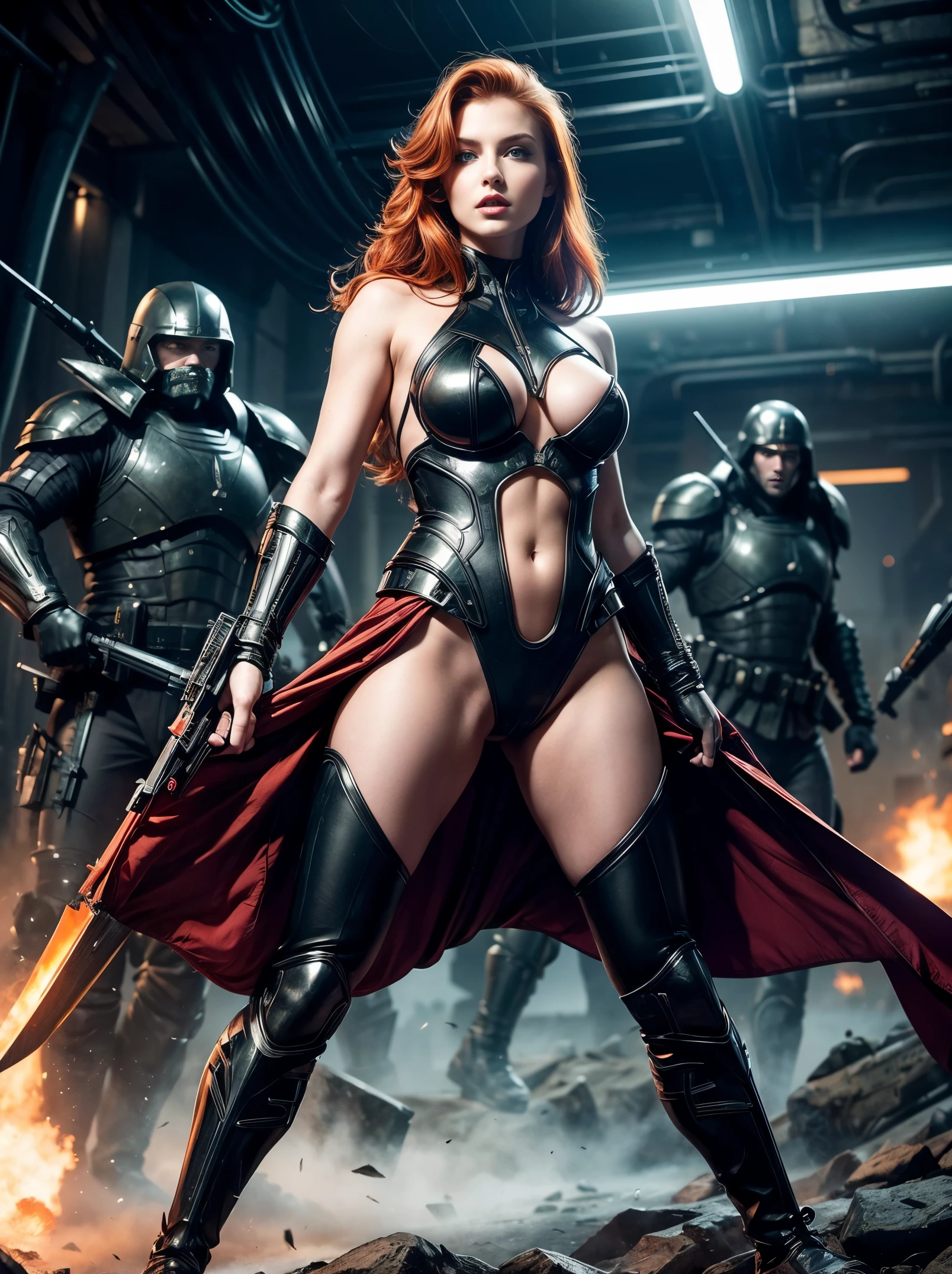 Masterpiece, action dynamic full body shot of an ultra hot gorgeous woman, age 23, she’s a playmate, men magazine model, in futuristic armor, ginger hair, green eyes, red lips, fearsome gaze, (amidst her army:1.2), bokeh