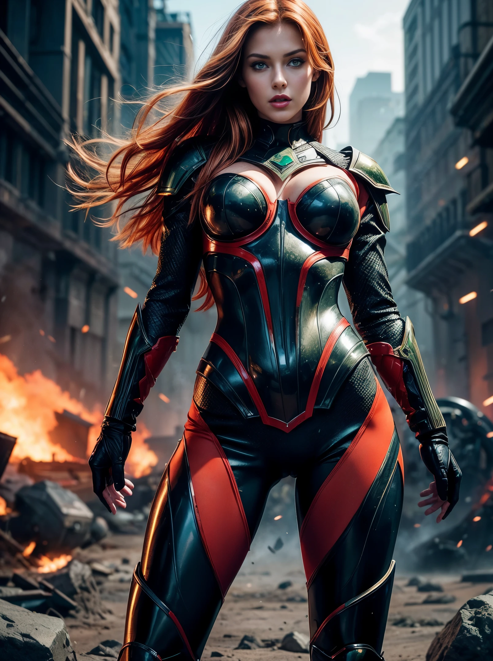 Masterpiece, action dynamic full body shot of an ultra hot gorgeous woman, age 23, she’s a playmate, men magazine model, in futuristic armor, ginger hair, green eyes, red lips, fearsome gaze, (amidst her army:1.2), bokeh