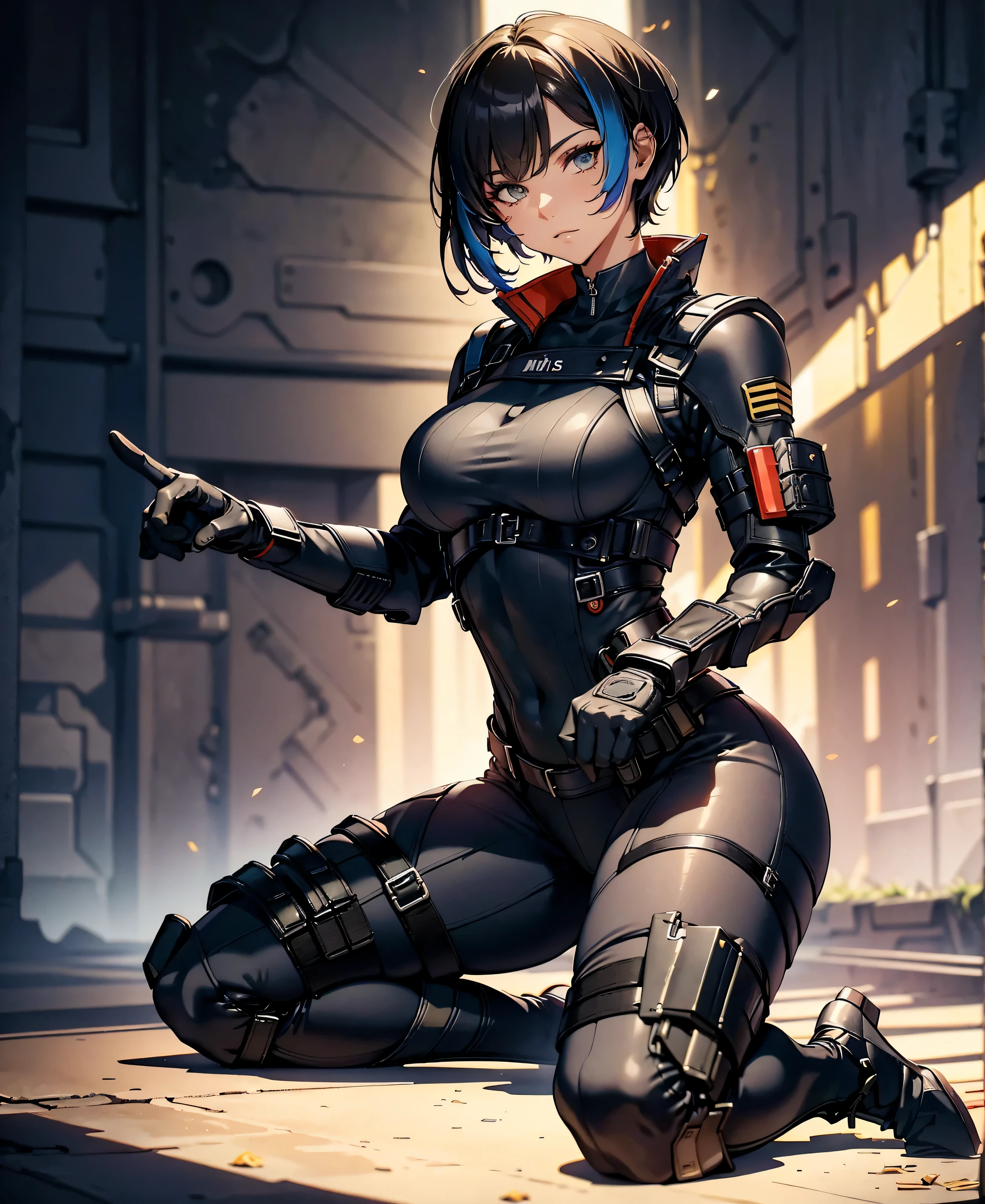best quality,T Masterpiece,ultimate resolution,fluff,very colorful,colorful,female combatant,(kneeling pose)(pointing at you with his butt)mature woman,Black Super Short Hair,tight combat uniform,tight suit,Steel City Background,night,normal posture,normal posture