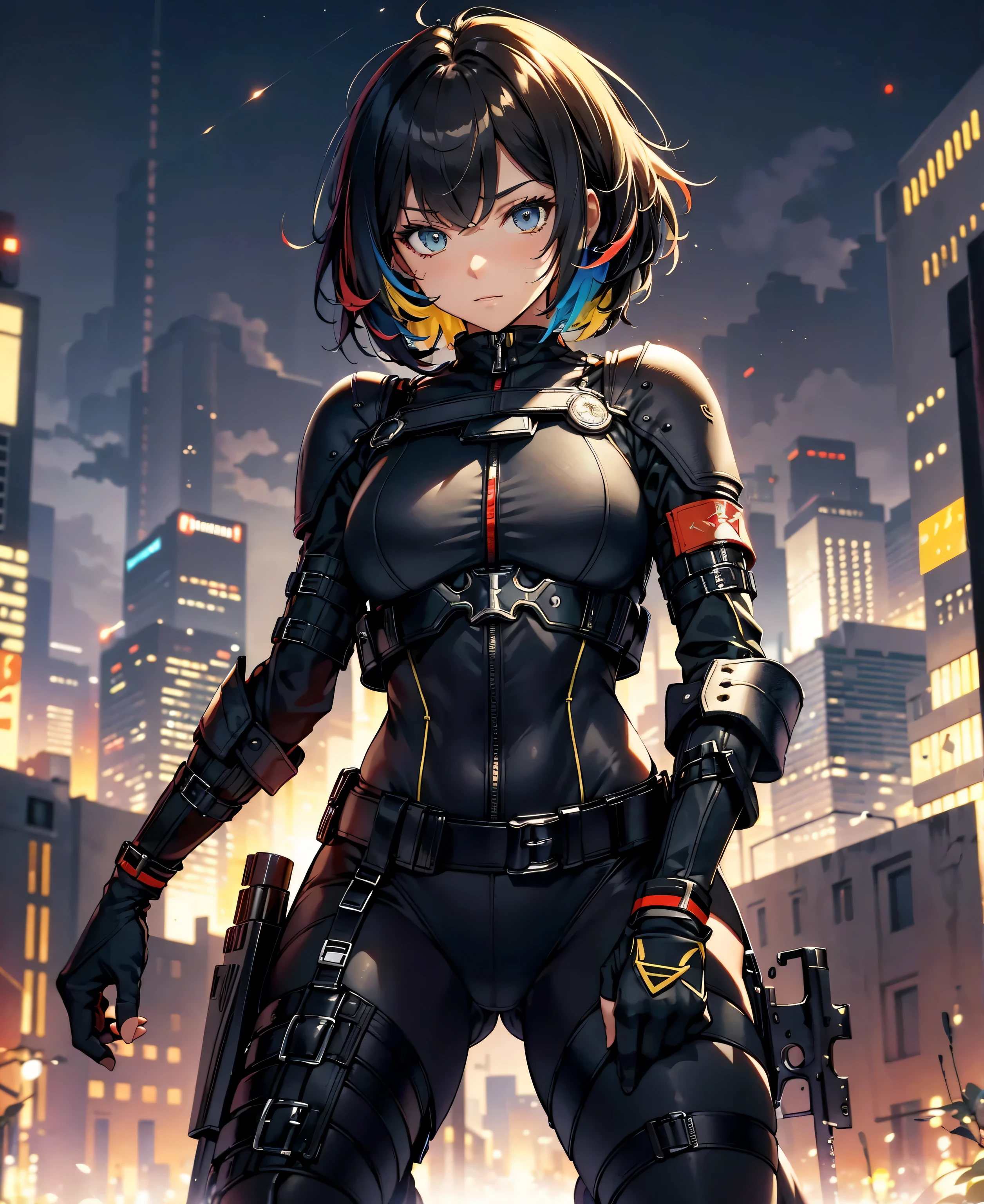 best quality,T Masterpiece,ultimate resolution,fluff,very colorful,colorful,female combatant,(Kneeling Pose)(pointing at you with his butt)mature woman,Black Super Short Hair,tight combat uniform,tight suit,Steel City Background,the night,normal posture,normal posture