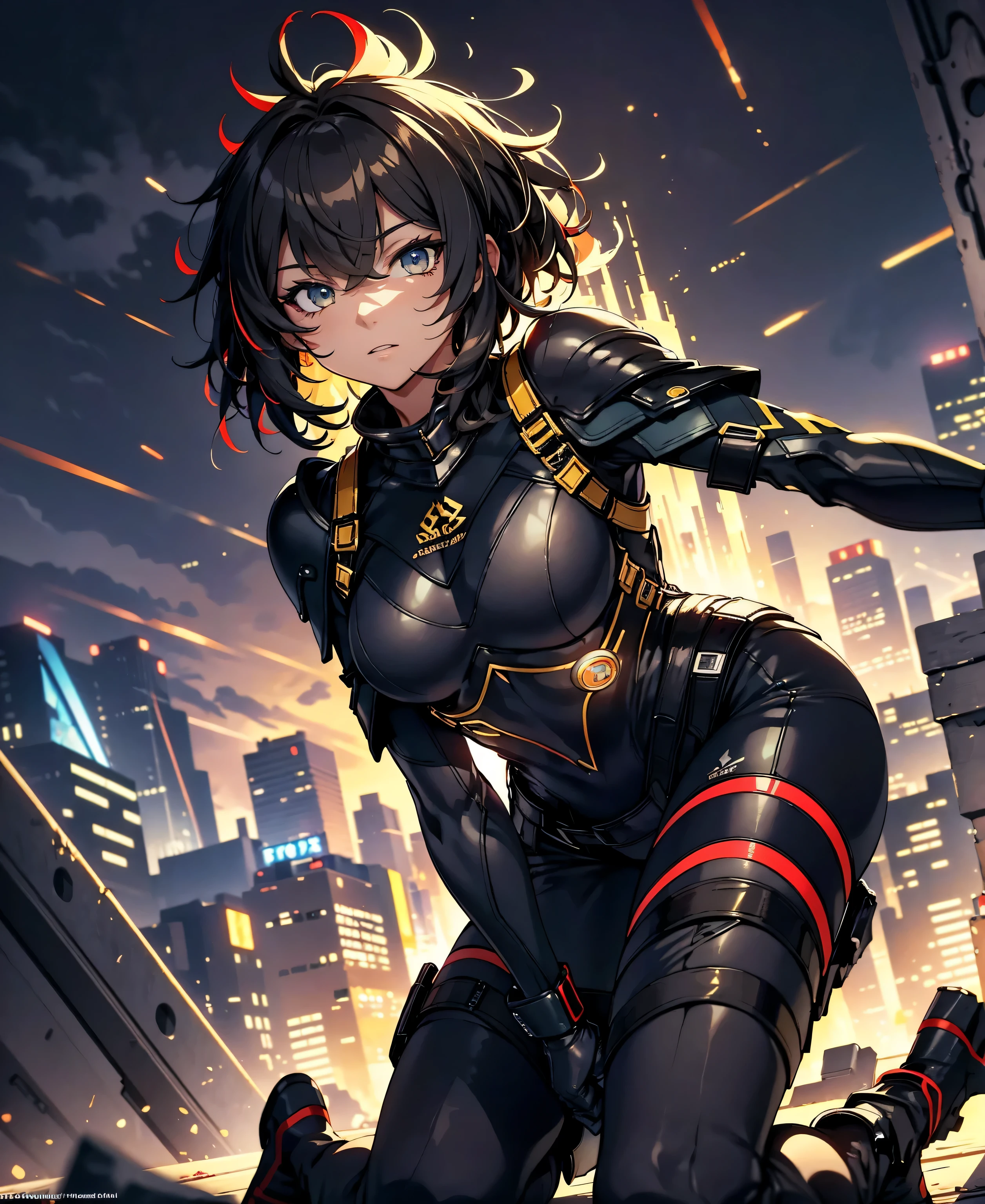 best quality,T Masterpiece,ultimate resolution,fluff,very colorful,colorful,female combatant,(Kneeling Pose)(pointing at you with his butt)mature woman,Black Super Short Hair,tight combat uniform,tight suit,Steel City Background,the night,normal posture,normal posture