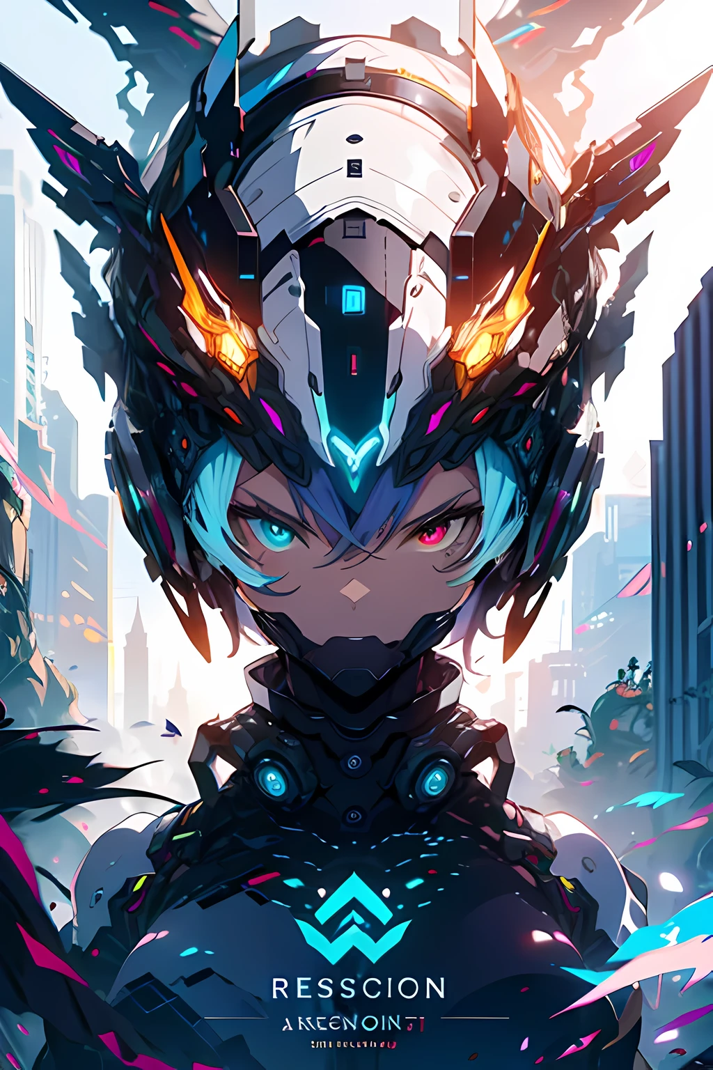 cyber punk Girl, dream world, dark background, Overwatch, clean design, Epic Instagram, art station, Colorful paint splash, contour, Super detailed complex detailed, Unreal Engine, fantastic, intricate details, splash screen, complementary colors, fantasy concept art, 8K resolution, Transgressive masterpiece, painting, Blow, paint dripping,(isolated on white background:1.3), rainbow skin,  amechas, Mecha Maiden, neon decoration, Mechanical Halo, mech wings, realistic light, (beautiful eyes:1.1), (Heterochromia:1.1), short hair, huge breasts, neon cityscape background, (dynamic poses:1.2), 
