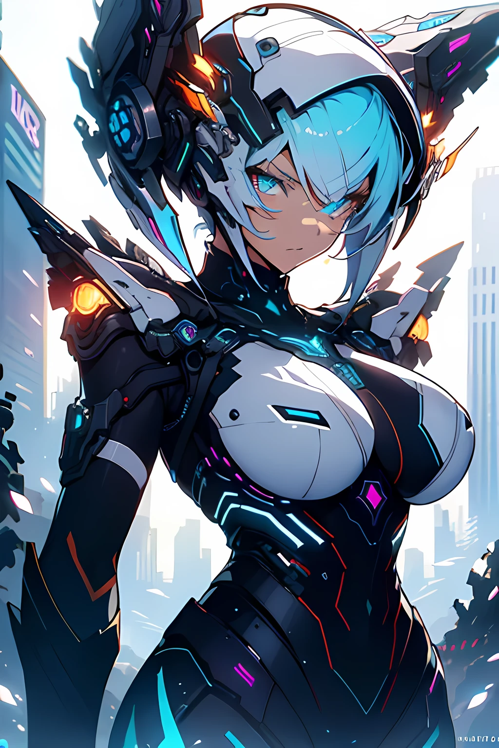 cyber punk Girl, dream world, dark background, Overwatch, clean design, Epic Instagram, art station, Colorful paint splash, contour, Super detailed complex detailed, Unreal Engine, fantastic, intricate details, splash screen, complementary colors, fantasy concept art, 8K resolution, Transgressive masterpiece, painting, Blow, paint dripping,(isolated on white background:1.3), rainbow skin, amechas, Mecha Maiden, neon decoration, Mechanical Halo, mech wings, realistic light, (beautiful eyes:1.1), (Heterochromia:1.1), short hair, huge breasts, neon cityscape background, (dynamic poses:1.2),