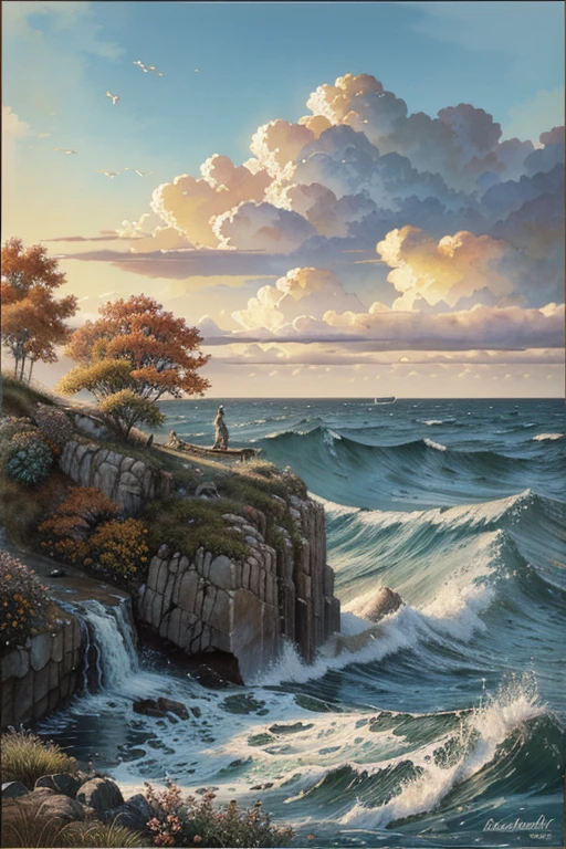 Jean Baptiste Monge style, raging sea, huge waves hitting rocks, fish jumping out of the water, large stones, clouds, autumn, autumn flowers, trees, watercolor, architectural drawing, punctuation, pen, [ink color], calligraphic lines, light tones, colored, intricate detailed