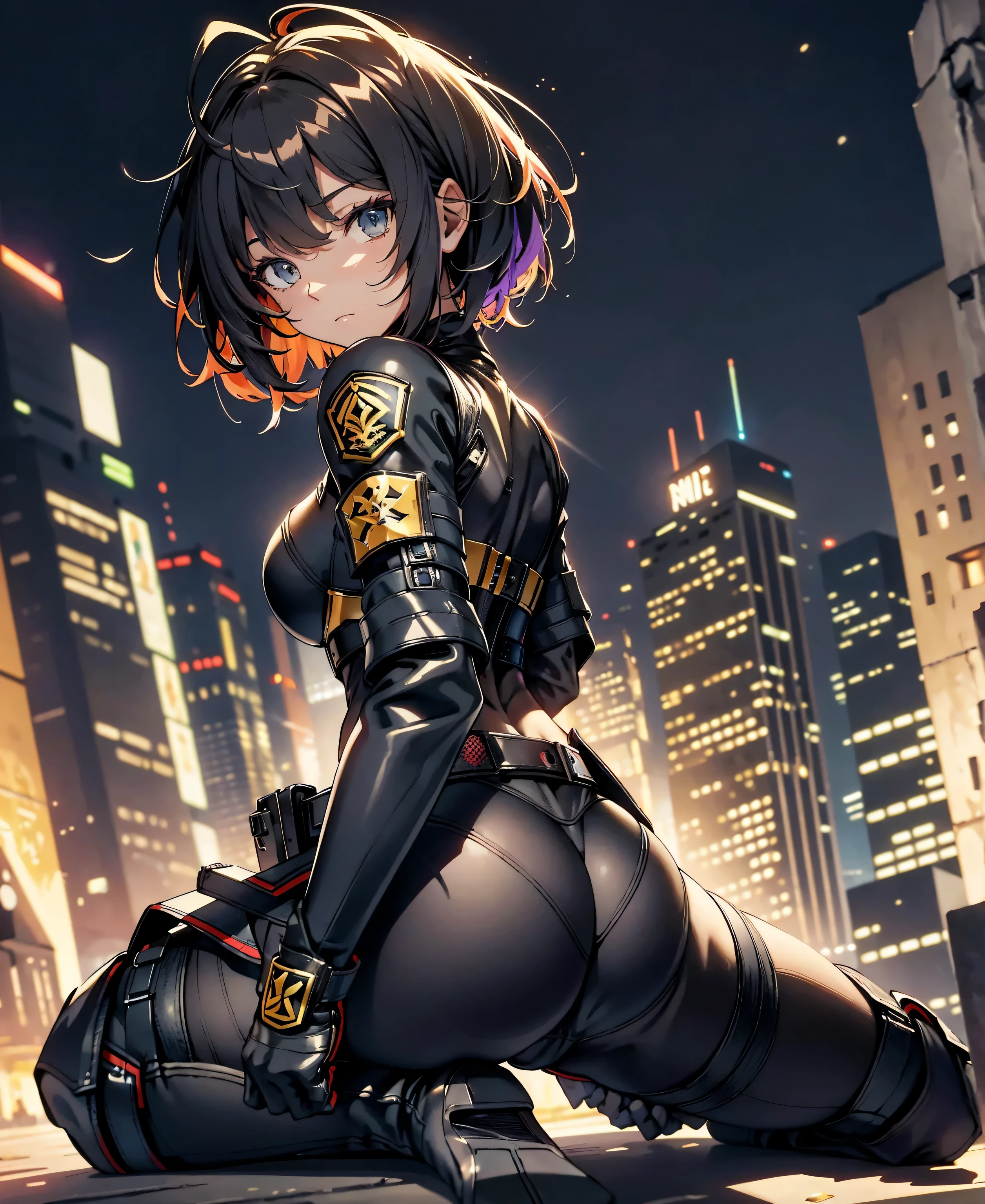 best quality，T Masterpiece，ultimate resolution，fluff，very colorful，colorful，female combatant，（Kneeling Pose）（pointing at you with his butt）mature woman，Black Super Short Hair，tight combat uniform，tight suit，Steel City Background，the night，normal posture，normal posture