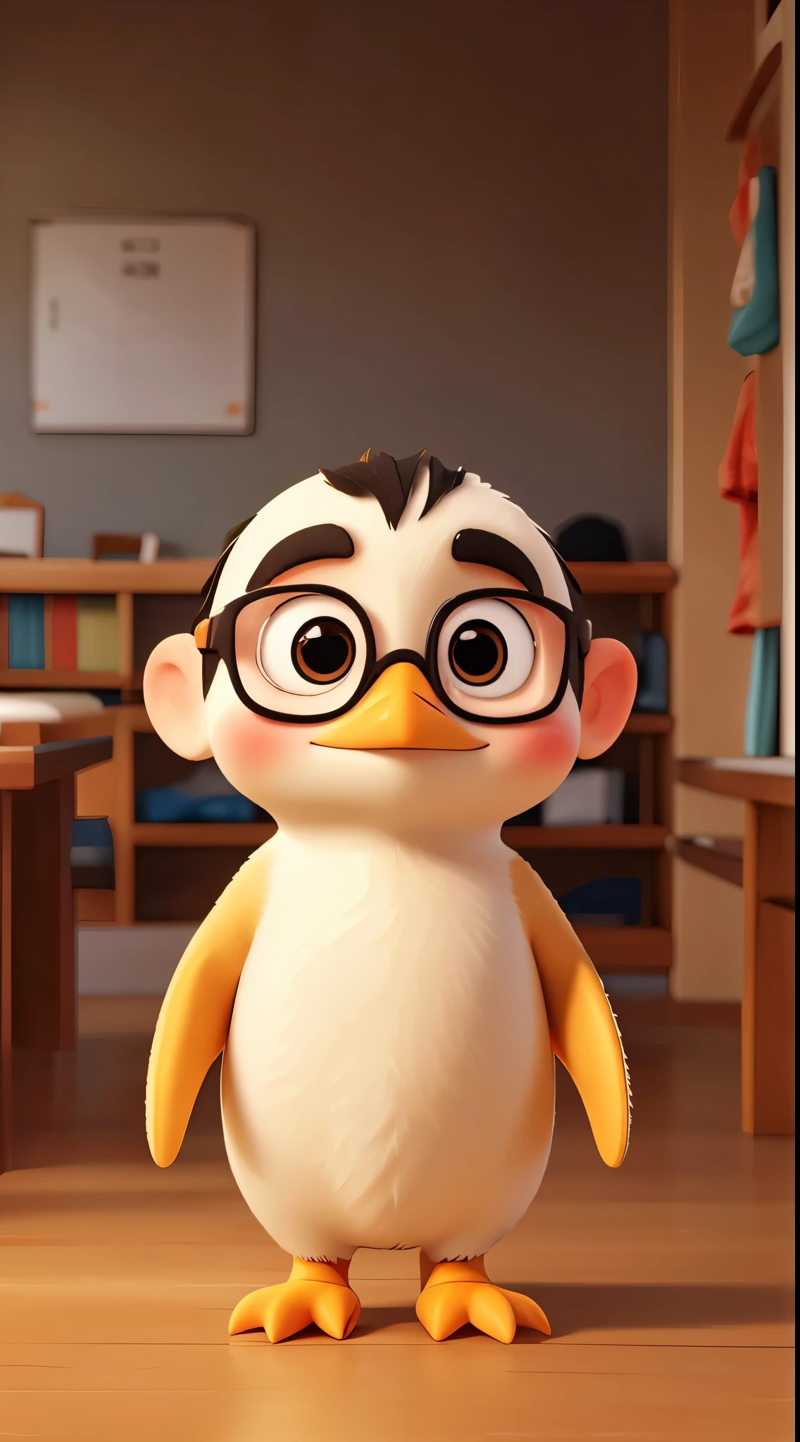 A baby penguin full body golden colour. Wearing a eyeglass like teaching