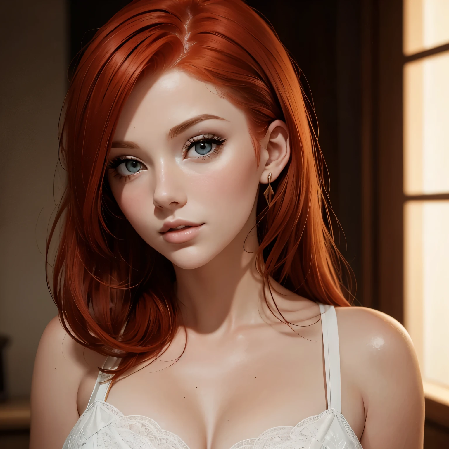 Head of a 28 year old redhead woman, meiga. White lighting on the face.