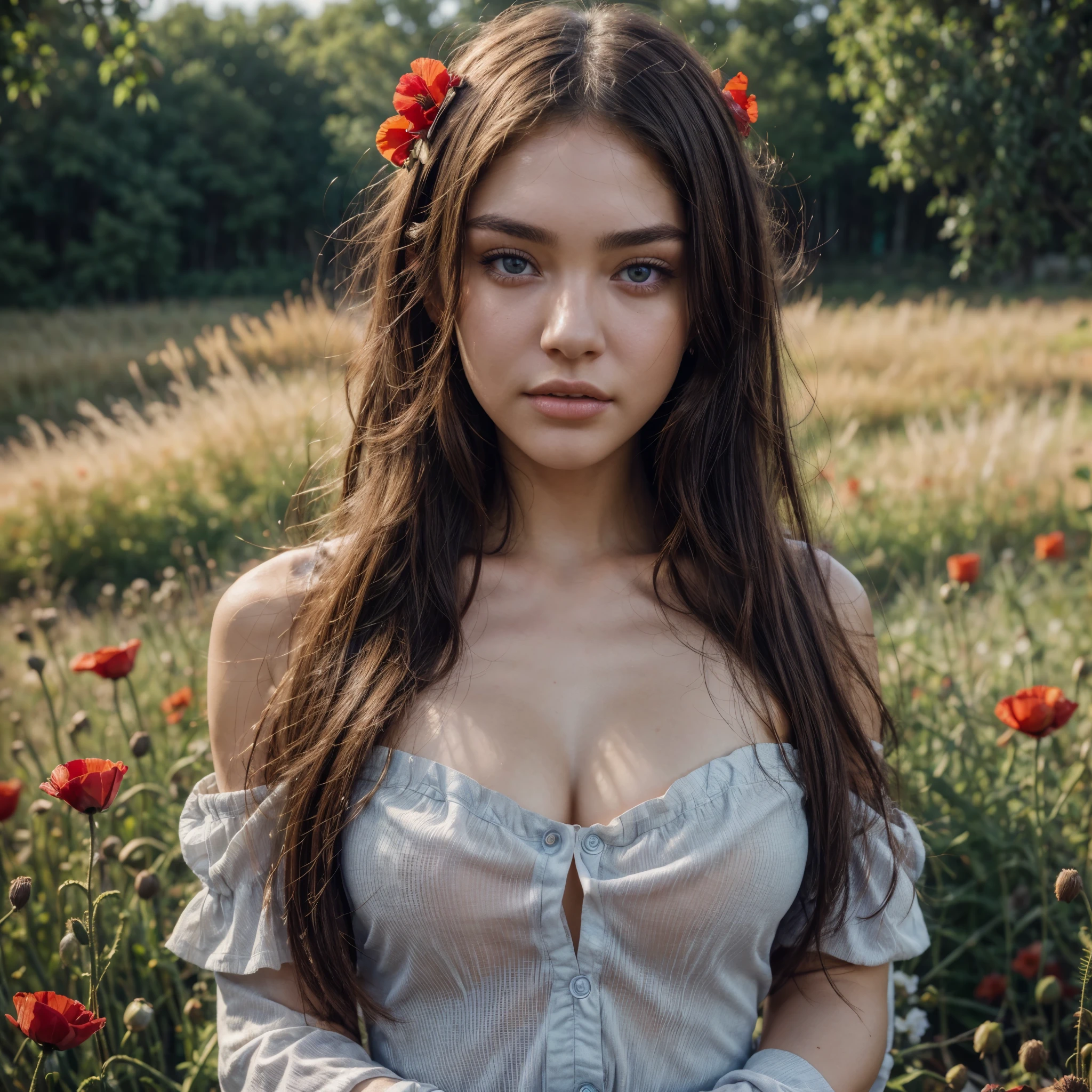 Best quality, masterpiece, ultra high res, raw photo, 1girl, red dress, off shoulder, blossom poppies field, glowing skin, light smile, her face looks like mix of sasha grey & sophie mudd & madison beer & maggie lindemann & and violet myers, 24 years old, girl portrait, she has madison beer body, she looks like a mix of grimes, very pretty model, arian mark, 8k resolution, very detailed image, blue eyes,