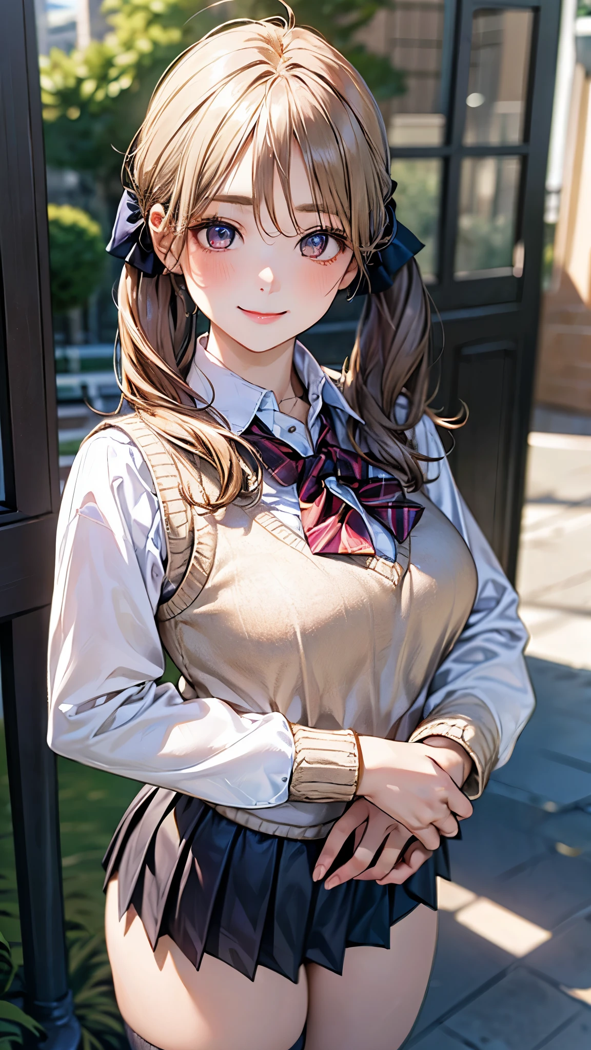 (masterpiece:1.2, top-quality), (realistic, photorealistic:1.4), beautiful illustration, (natural side lighting, movie lighting), nsfw, 
looking at viewer, cowboy shot, front view:0.6, 1 girl, japanese, high school girl, perfect face, cute and symmetrical face, shiny skin, 
(long hair:1.8, twintails:1.7, blond hair), parted bangs, gold eyes, long eye lasher, (large breasts:0.8, thick thighs), 
beautiful hair, beautiful face, beautiful detailed eyes, beautiful clavicle, beautiful body, beautiful chest, beautiful thigh, beautiful legs, beautiful fingers, 
((((long sleeve)), roll up sleeves, white collared shirts, navy pleated mini skirt, black socks, brown loafers, red bow tie, beige sleeveless knitted vest)), pink panties, 
(beautiful scenery), evening, riverside, standing, (lovely smile, upper eyes), 