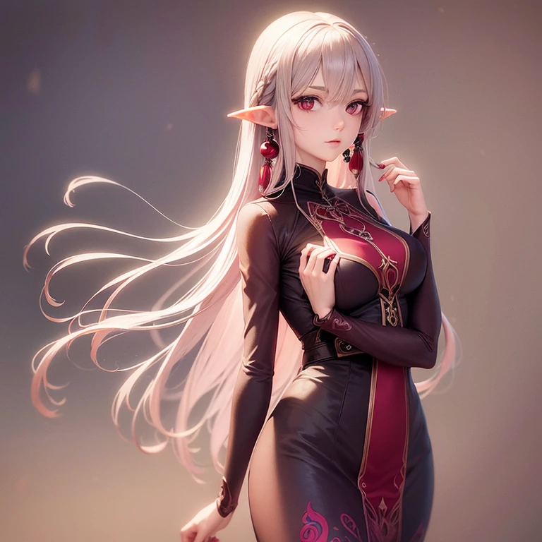 breathaking, skinny pale elf, cherries, cool toned red, dark art nouveau, silver and plum dress, red cherry hair, dreamy, award-winning, professional, highly detailed